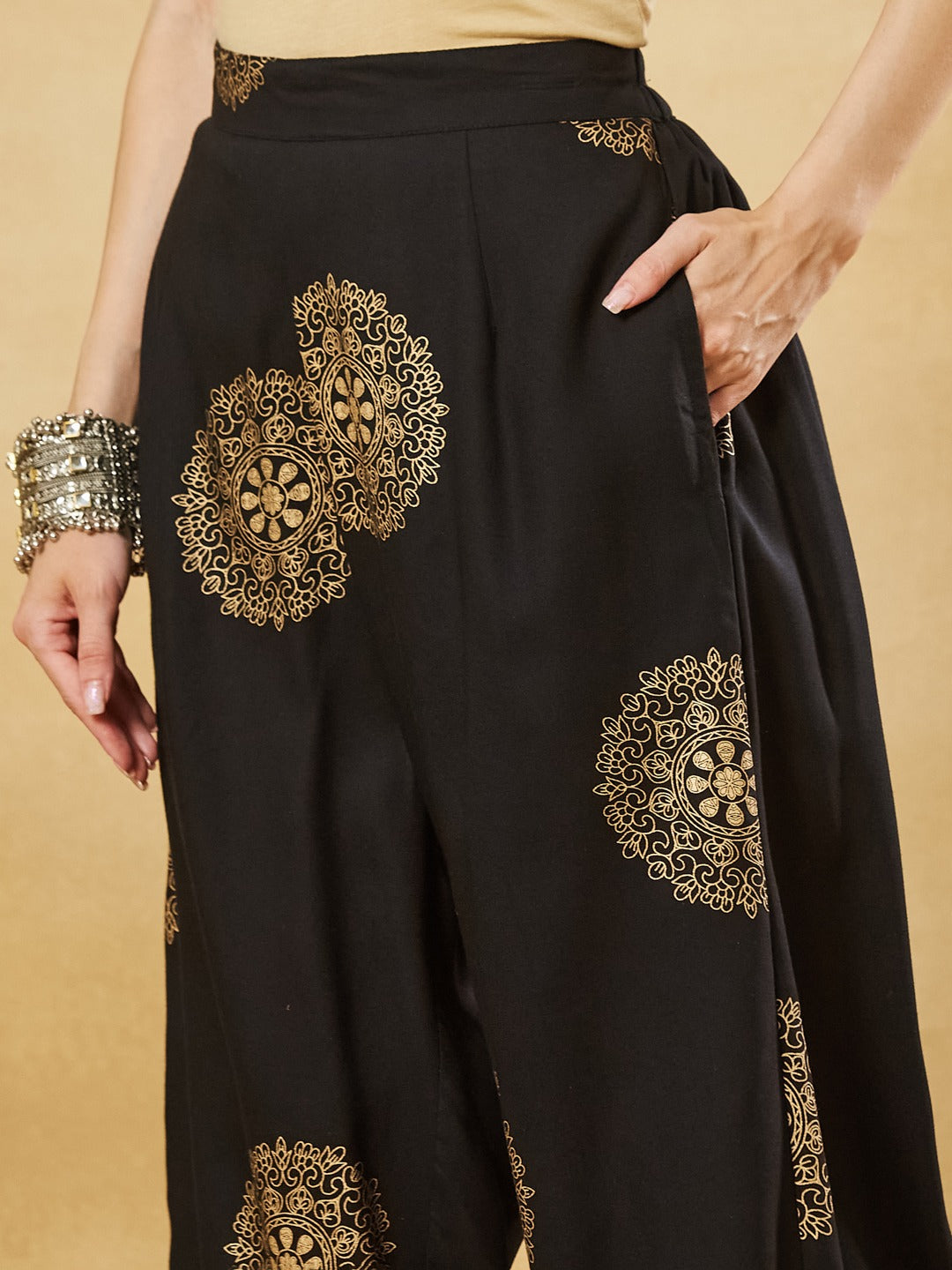 Black Rayon Foil Print Kurta Palazzo Sets