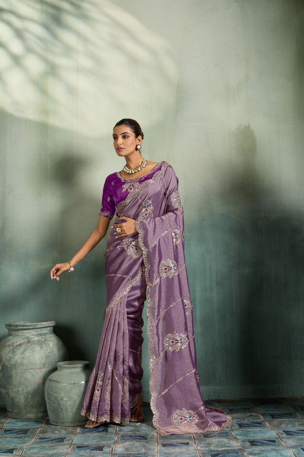Premium Self-Stripe Giraffe Saree with Handcrafted Butta & Contrast Satin Blouse