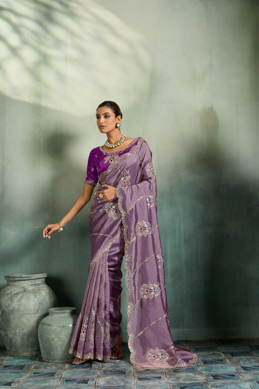 Premium Self-Stripe Giraffe Saree with Handcrafted Butta & Contrast Satin Blouse