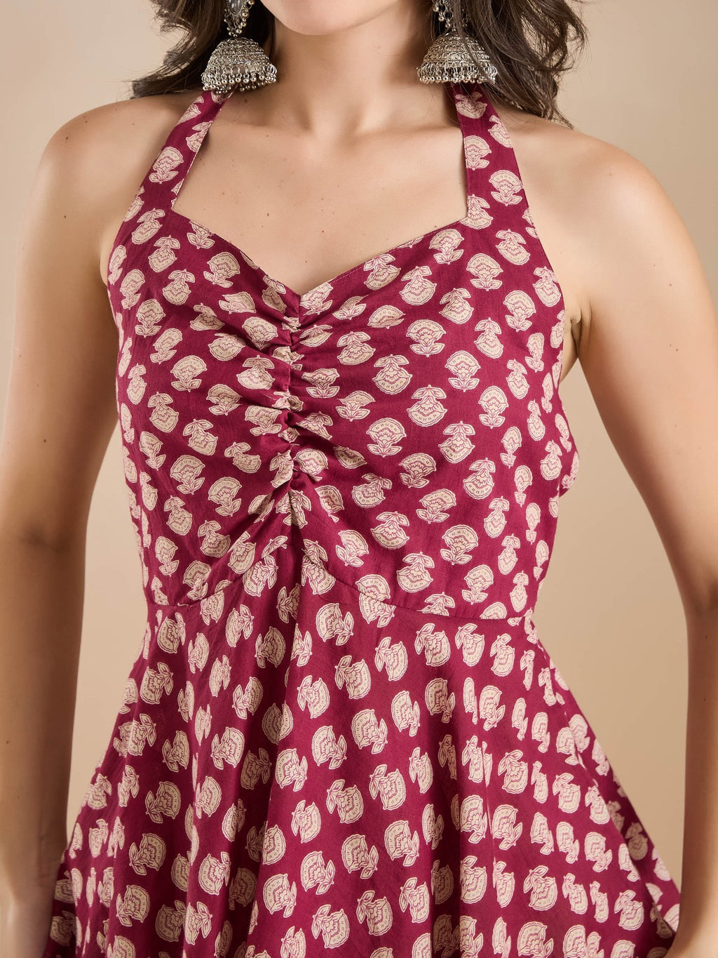 Women Wine Floral Print Pure Cotton Halter Neck Peplum Top