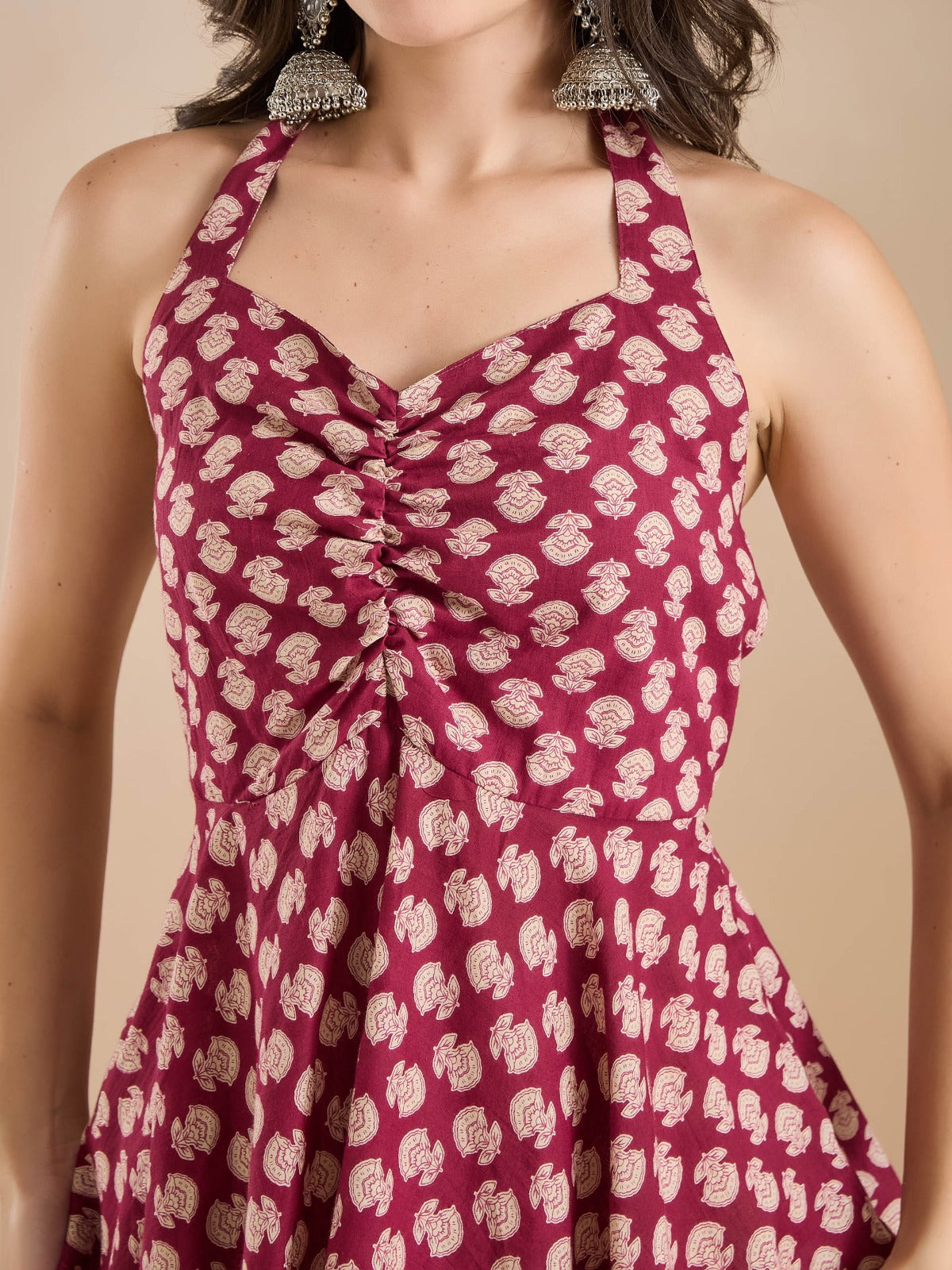 Women Wine Floral Print Pure Cotton Halter Neck Peplum Top