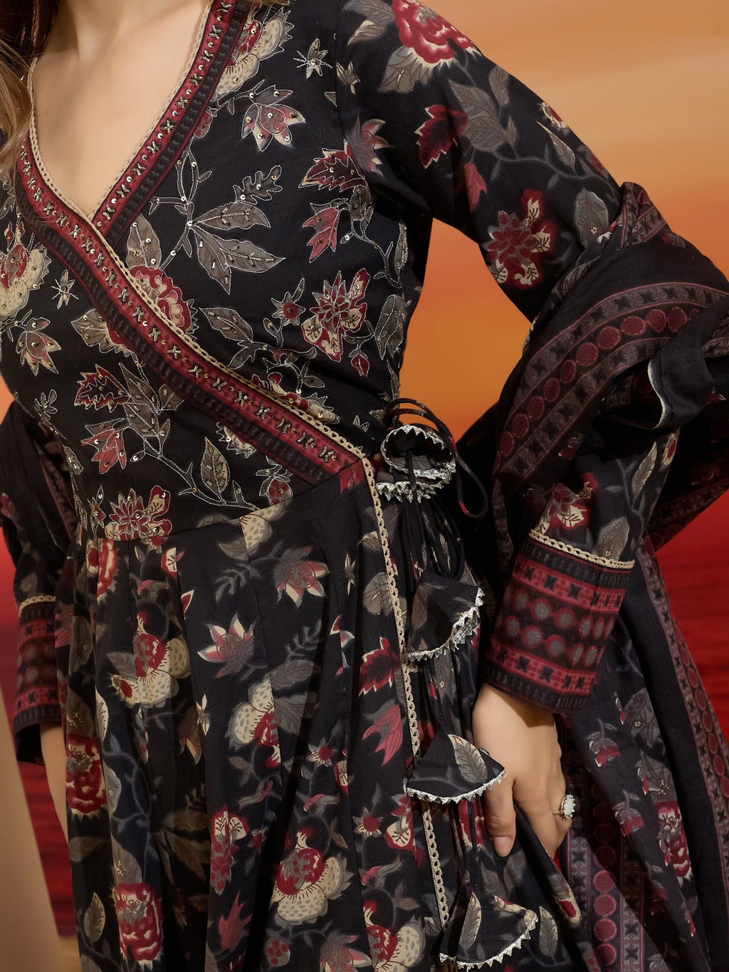 Elegant Black Floral Cotton Anarkali Set with Latkans & Dupatta