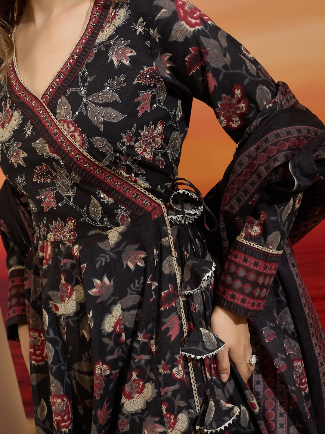 Elegant Black Floral Cotton Anarkali Set with Latkans & Dupatta