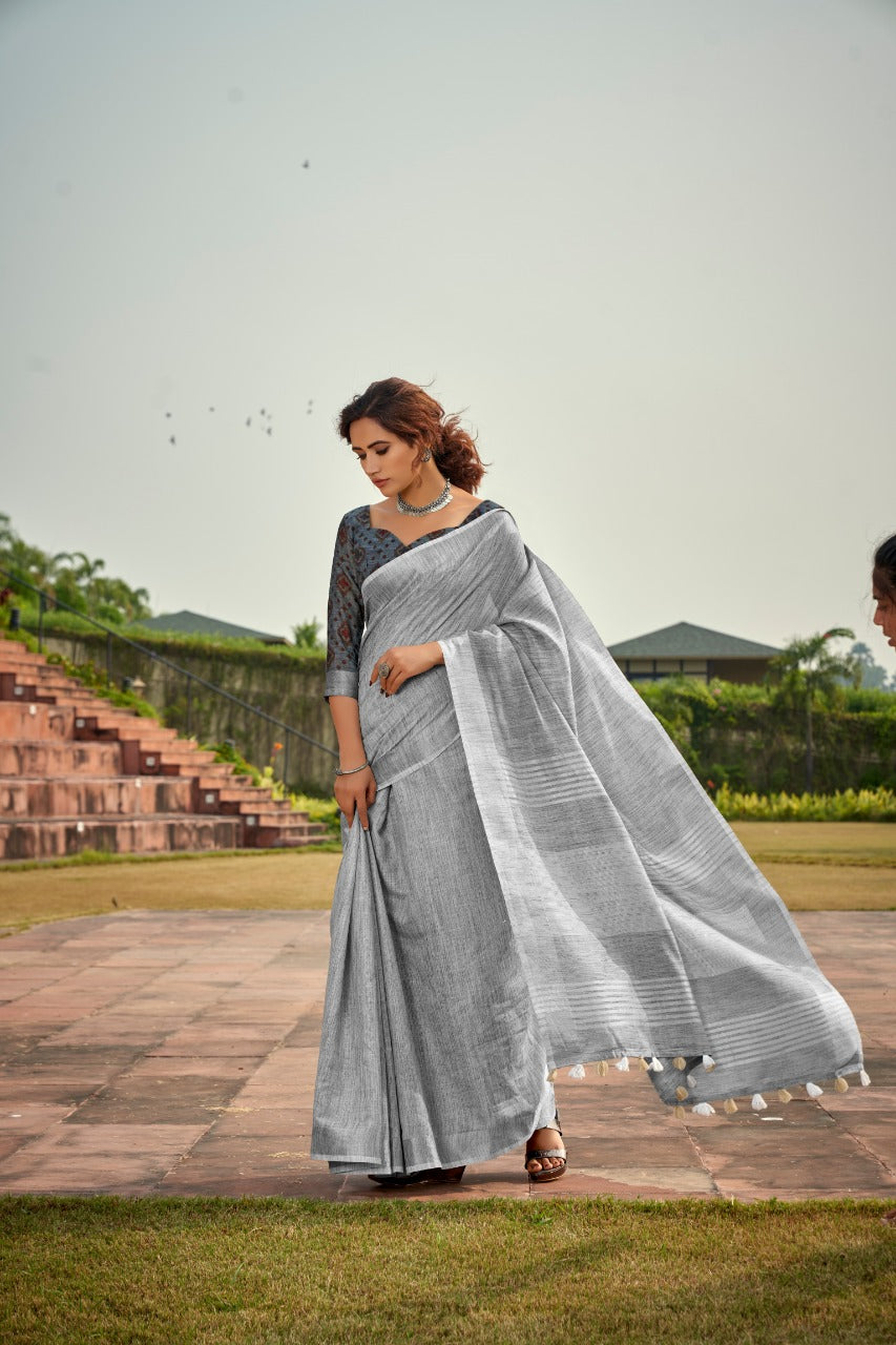 Timeless Elegance Meets Organic Luxury: Soft Linen Silk Sarees with Textured Khadi Work & Designer Blouse Piece