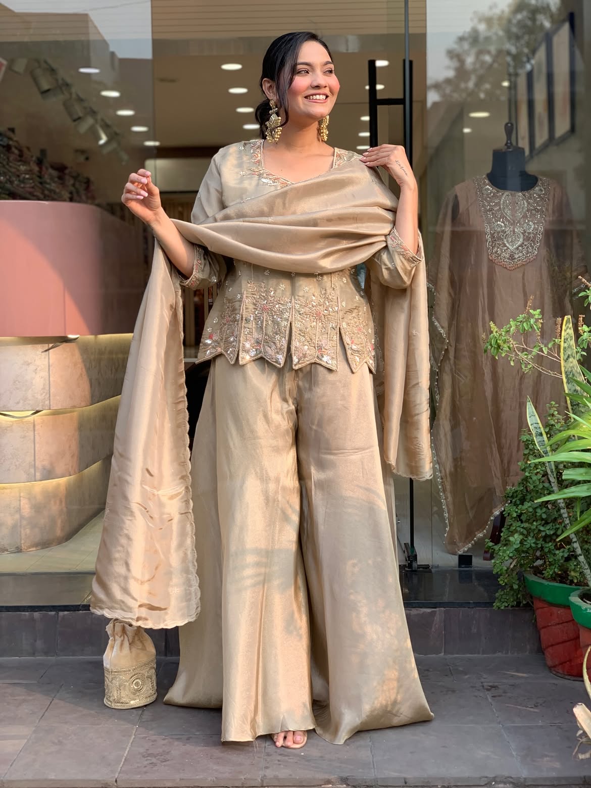 Champagne Gold Shimmer Silk Sharara Set | Hand-Embroidered Festive Suit