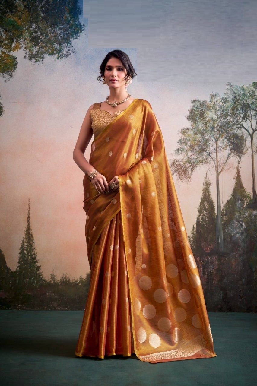 Luminous Tissue Silk with Gold Zari Motifs