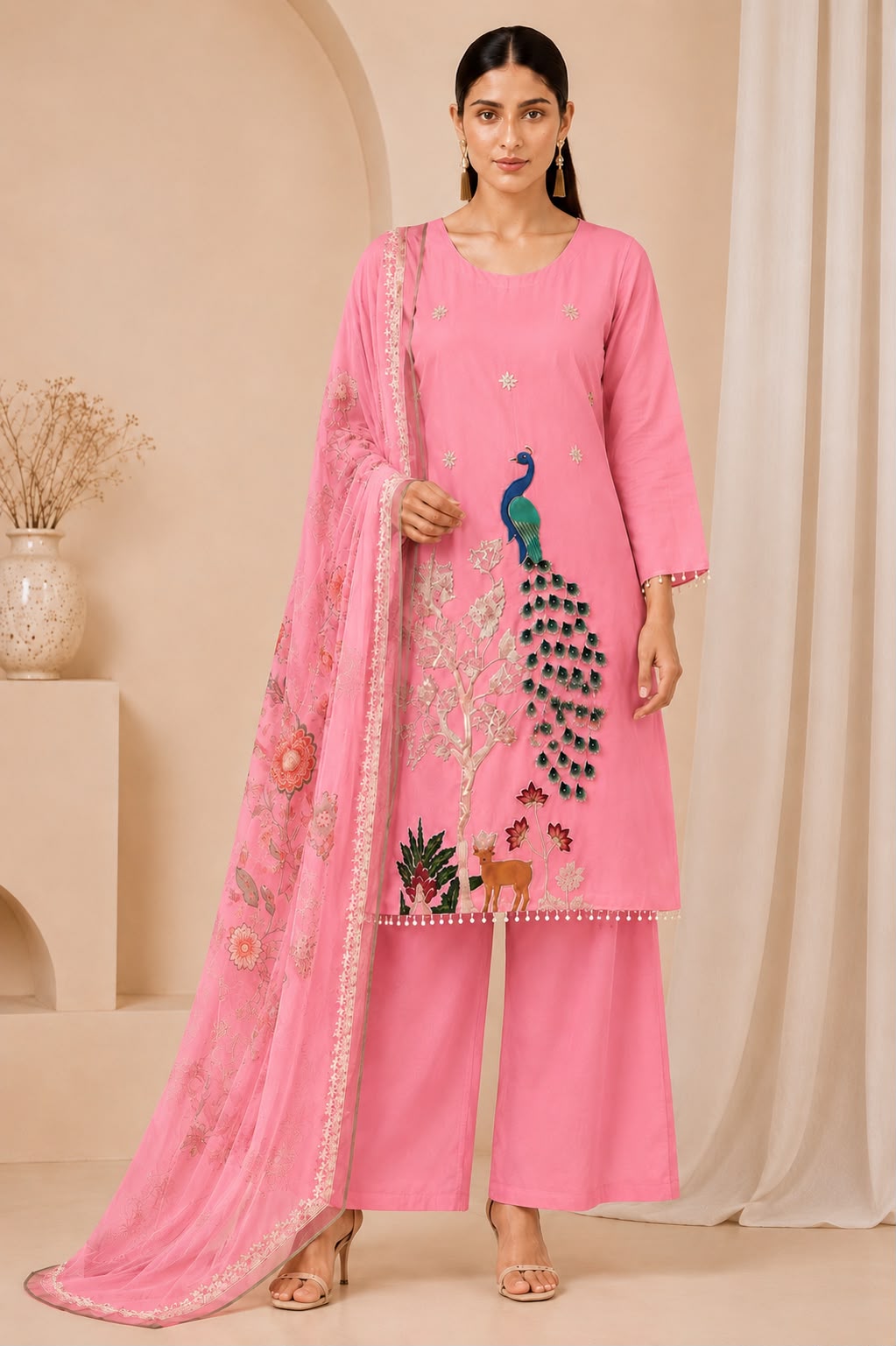 Heavy Embroidered Vichitra Silk 3-Piece Suit Set with Printed Dupatta