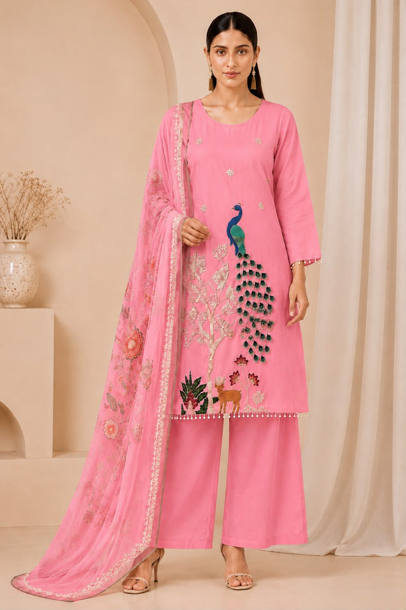 Heavy Embroidered Vichitra Silk 3-Piece Suit Set with Printed Dupatta
