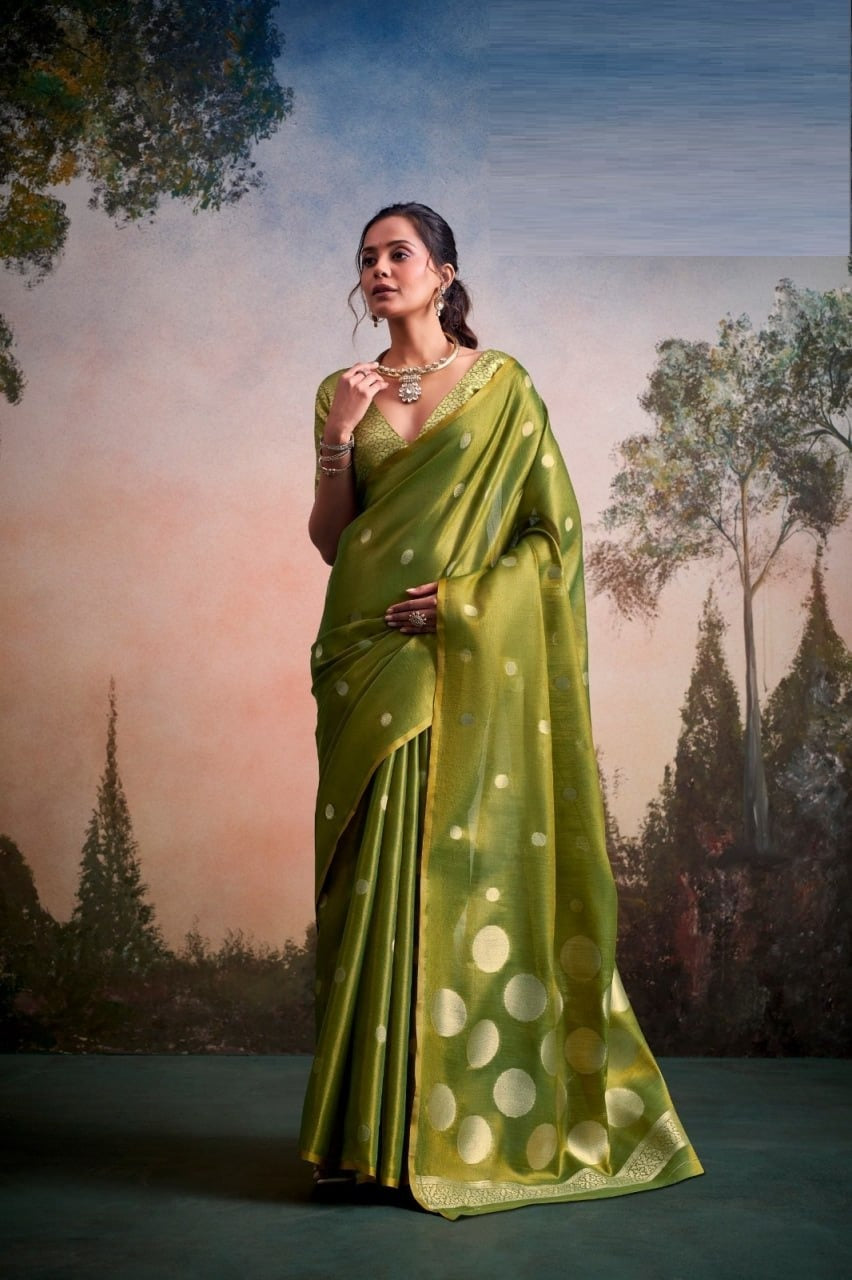 Luminous Tissue Silk with Gold Zari Motifs