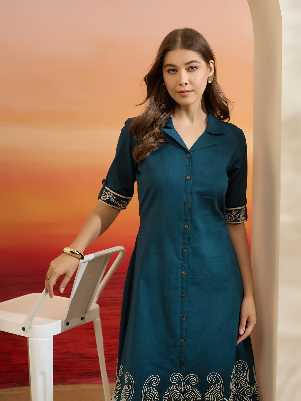 Teal Blue Embroidered Cotton Flex Dress with Collared Neck & Front Buttons