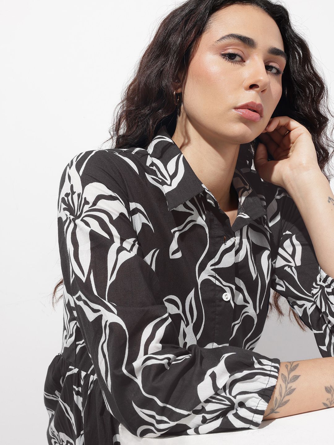 Black Shirt Coller Mulmul Lining Cotton Dress