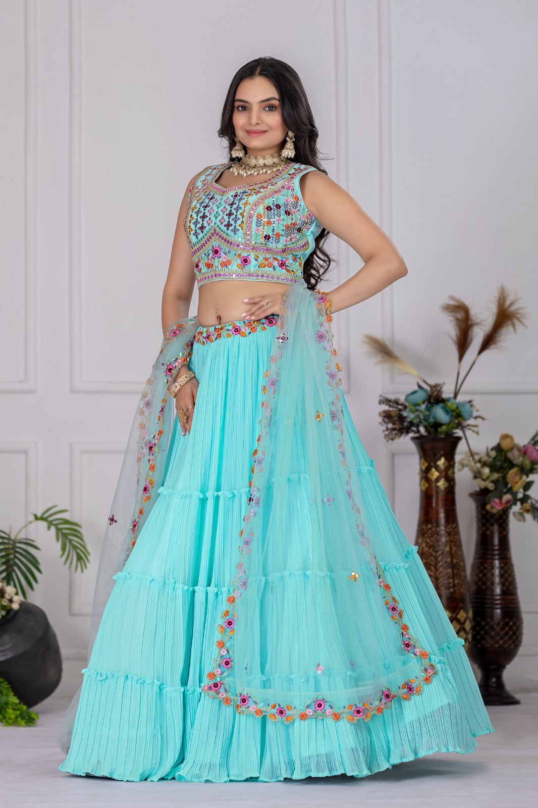 Georgette Pleated Lehenga Set with Embroidered Blouse | Festive Wear
