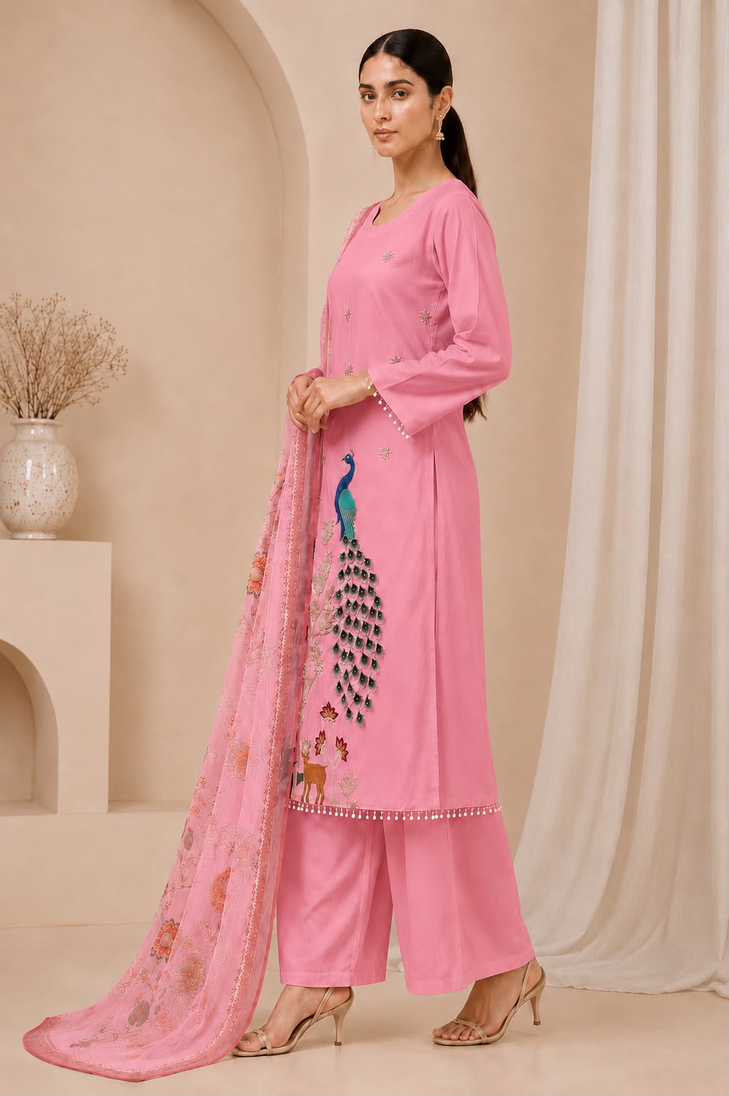 Heavy Embroidered Vichitra Silk 3-Piece Suit Set with Printed Dupatta