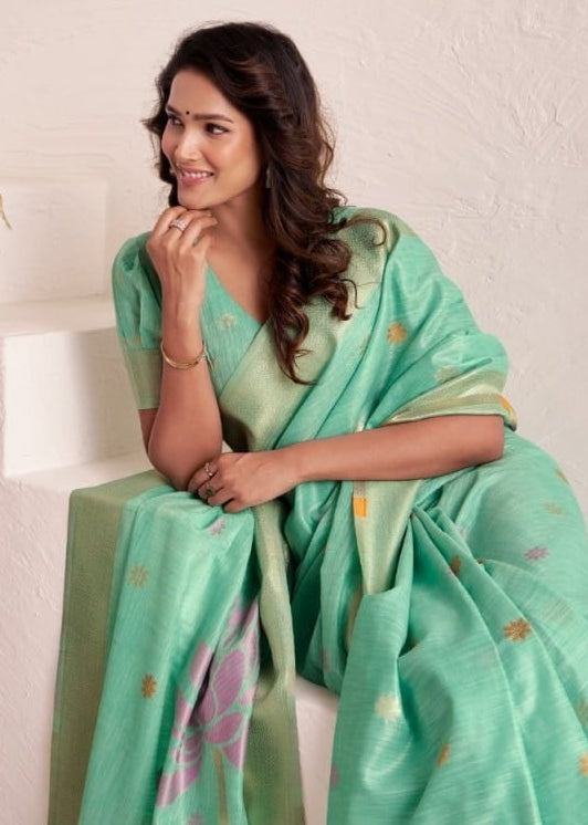 Dynamic Silk: Soft Linen Saree with Rich Jacquard Pallu & Matching Blouse Piece
