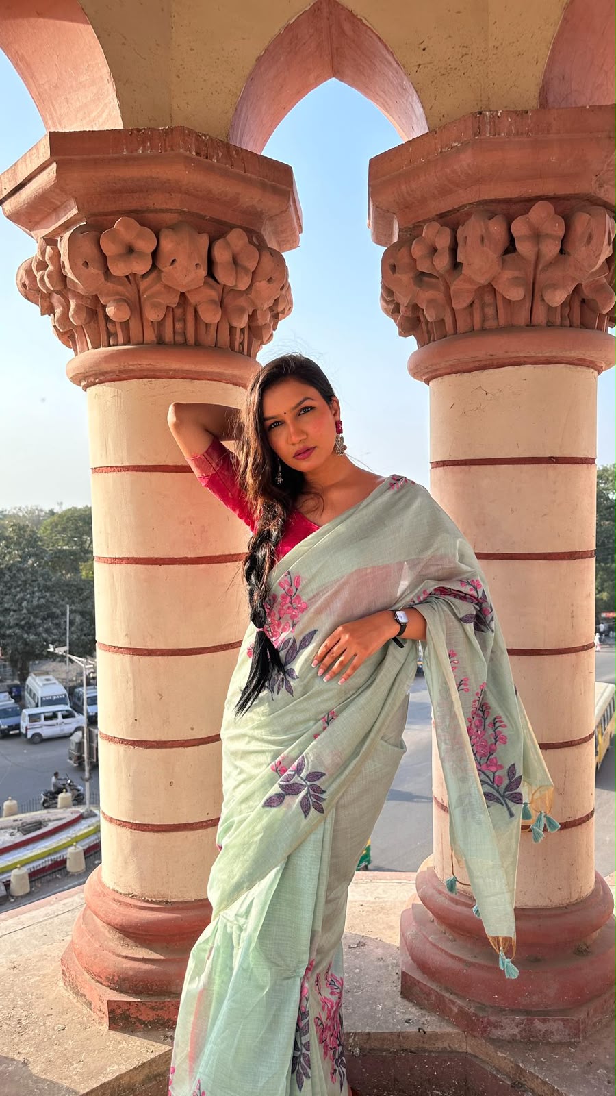 Premium Soft Muga Silk Saree with All-Over Floral Weaving & Contrast Blouse