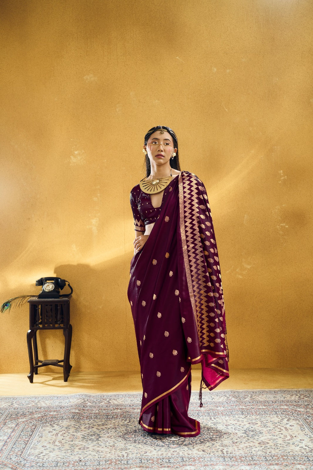 Premium Handloom Satin Silk Saree with Zari Motifs & Chevron Pallu