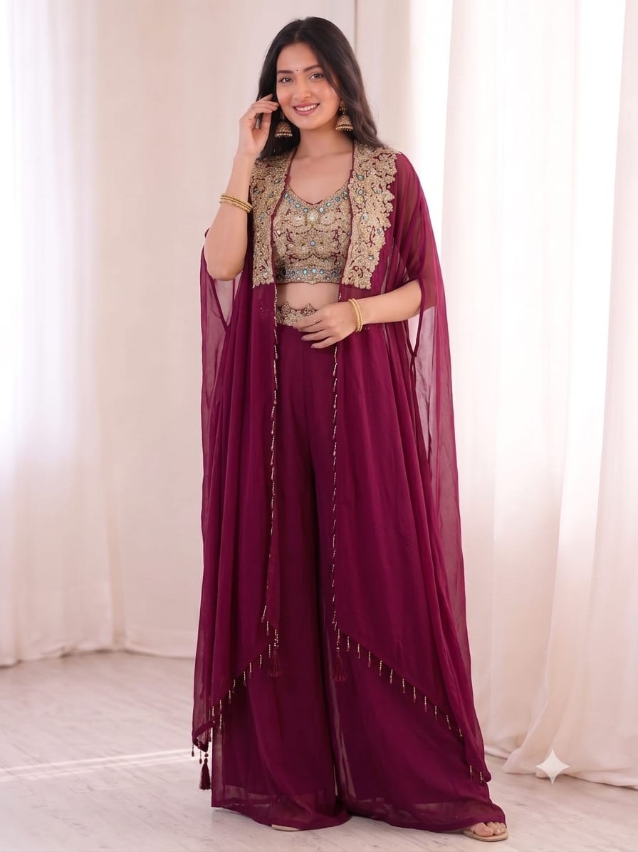 Ethereal Grace & Modern Drama: Flowy Apple Organza Sharara Set with Embroidered Blouse & Floor-Length Shrug