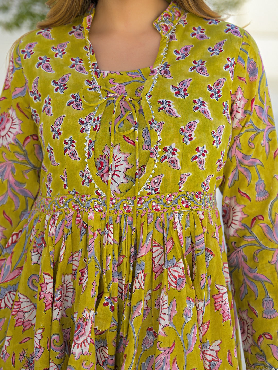 Mustard Hand Block Anarkali Kurta Pant Set With Dupatta