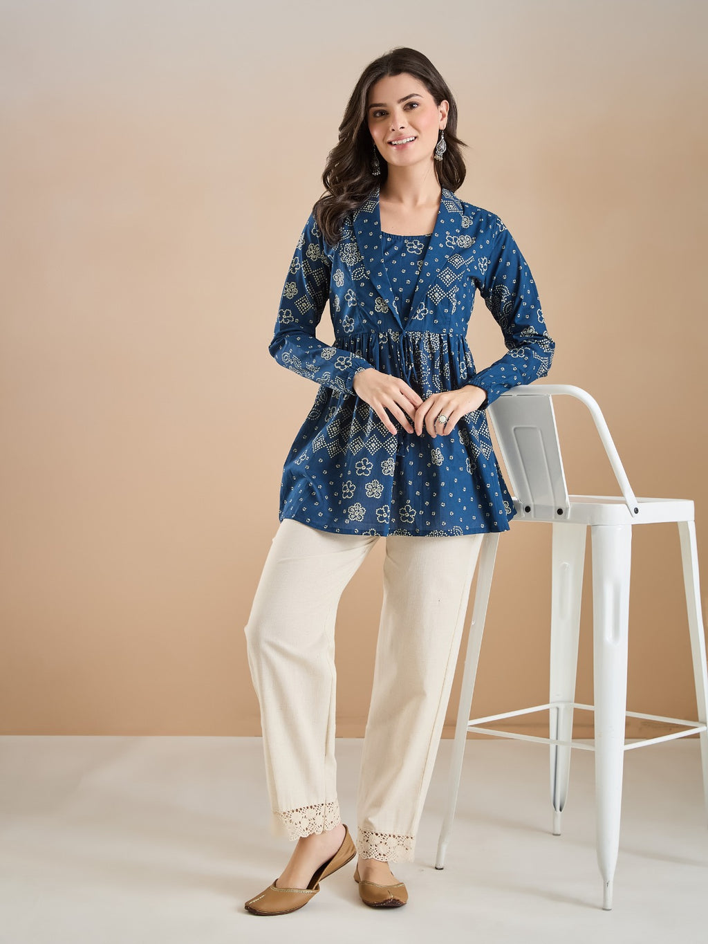 Blue Bandhani Print Cotton Peplum Fit Top