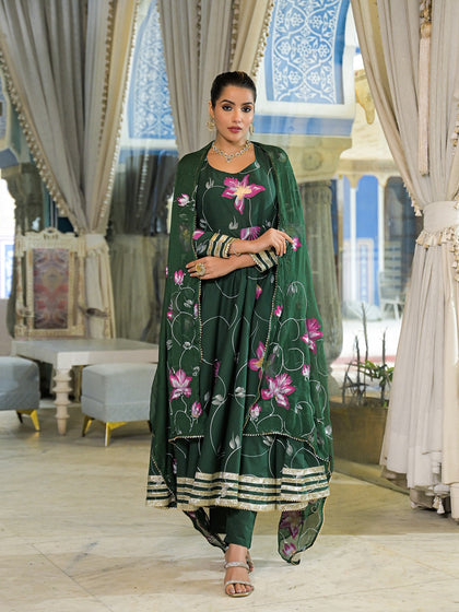 Dark Green Hand Painted Anarkali Kurta Pant With Dupatta