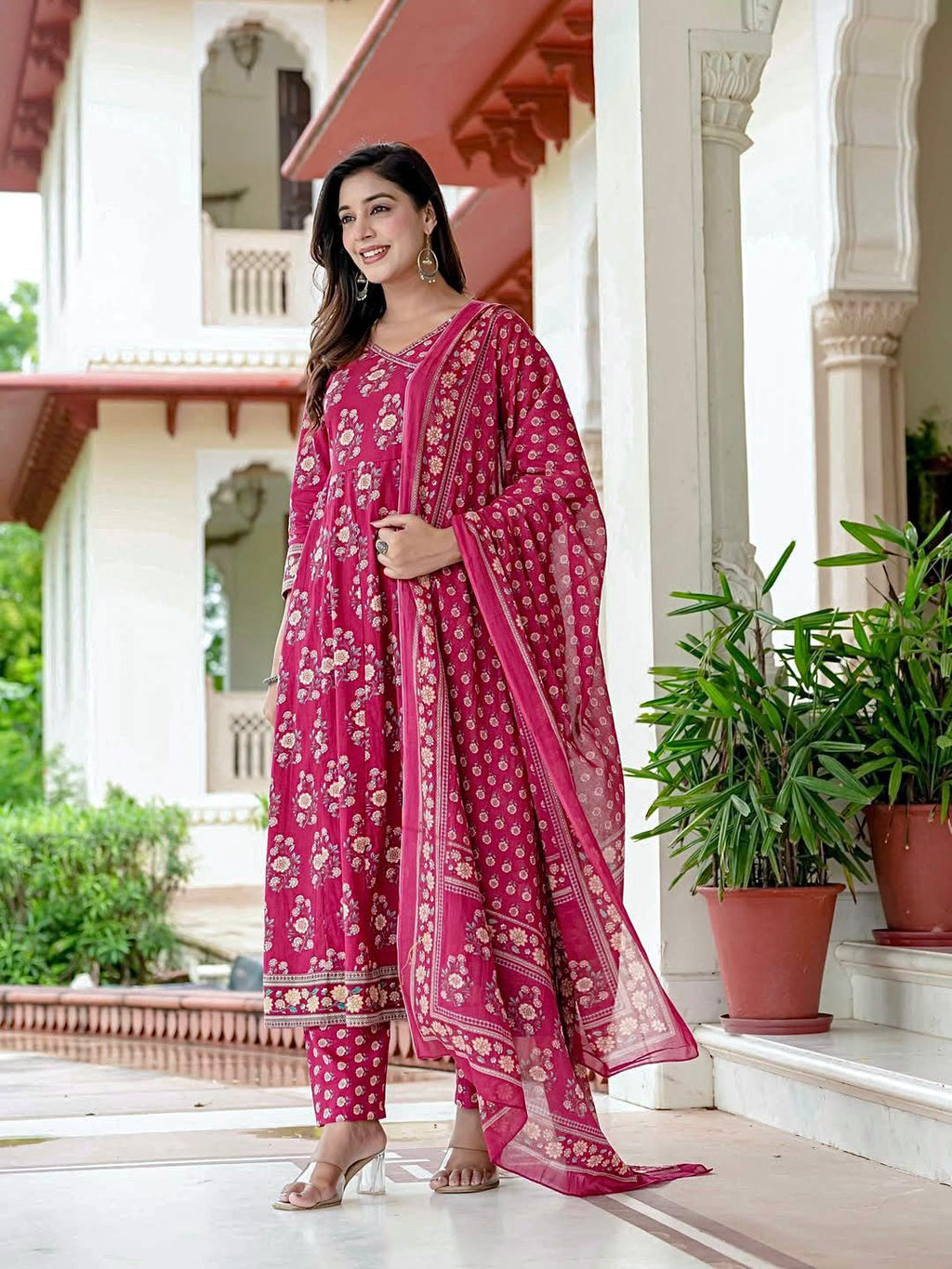 Pure Cotton Printed Angrakha Anarkali Suit Set with Sequence Adda Work