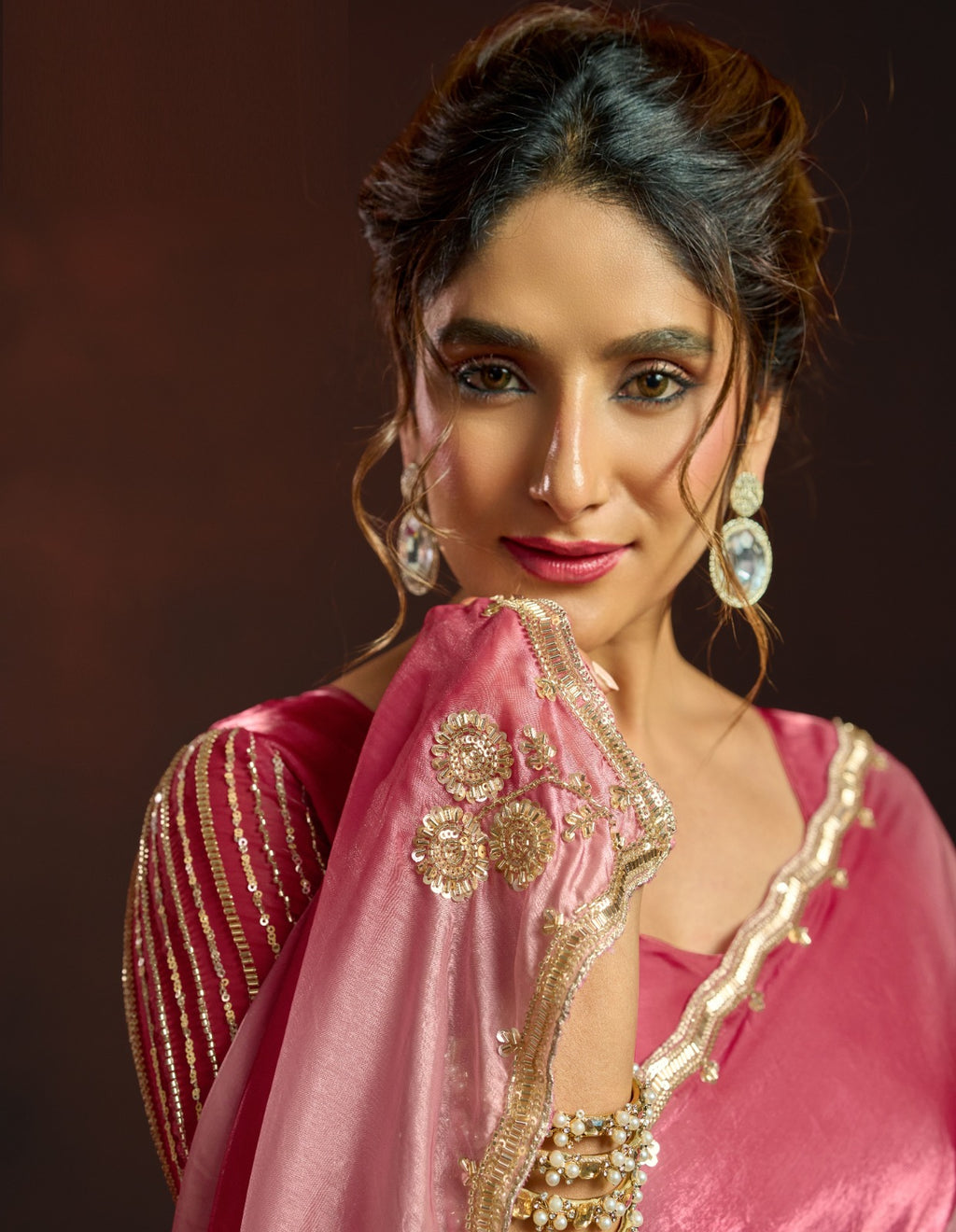 Dual-Tone Digital Shaded Fandy Satin Saree with Intricate Beadwork Border
