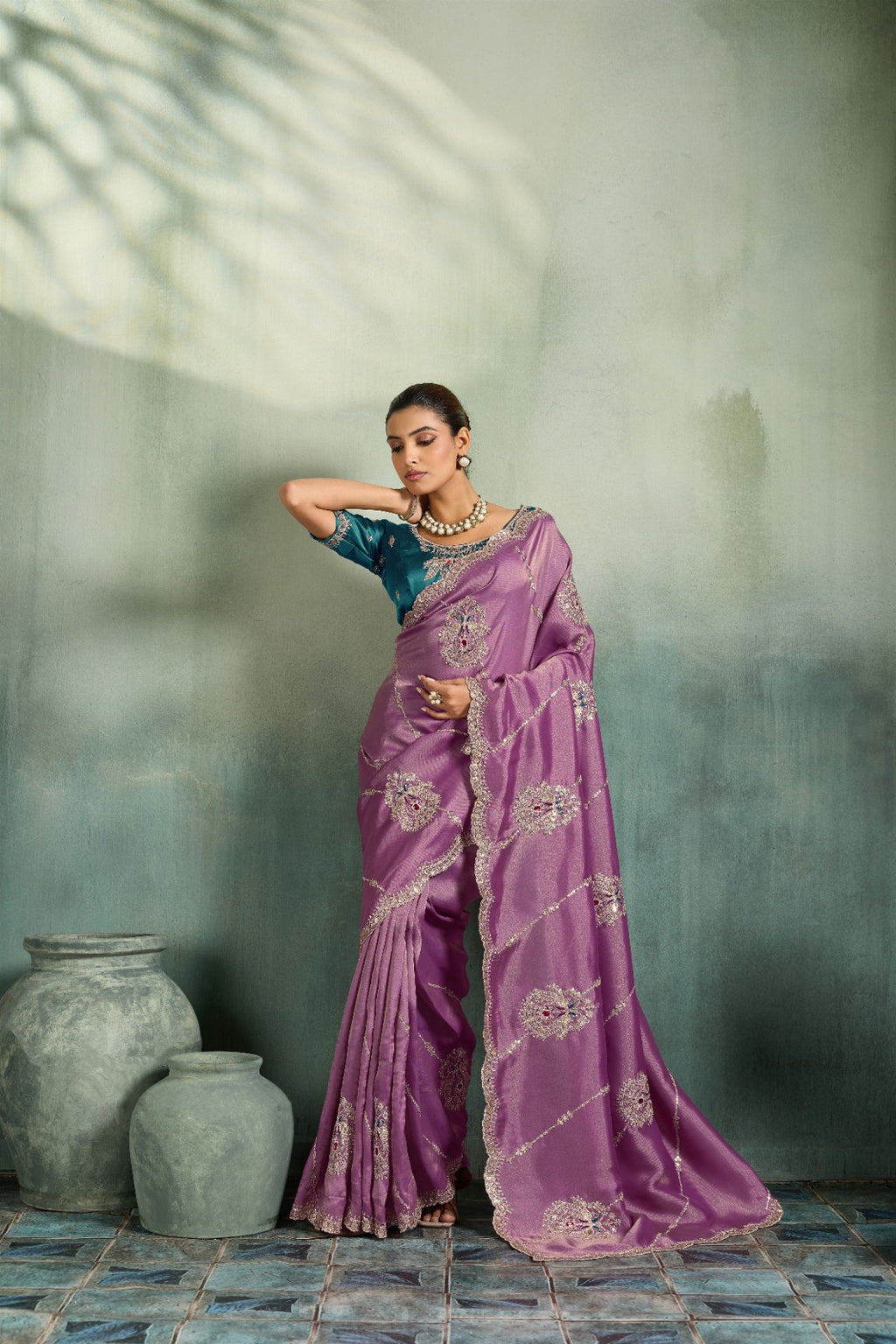 Premium Self-Stripe Giraffe Saree with Handcrafted Butta & Contrast Satin Blouse