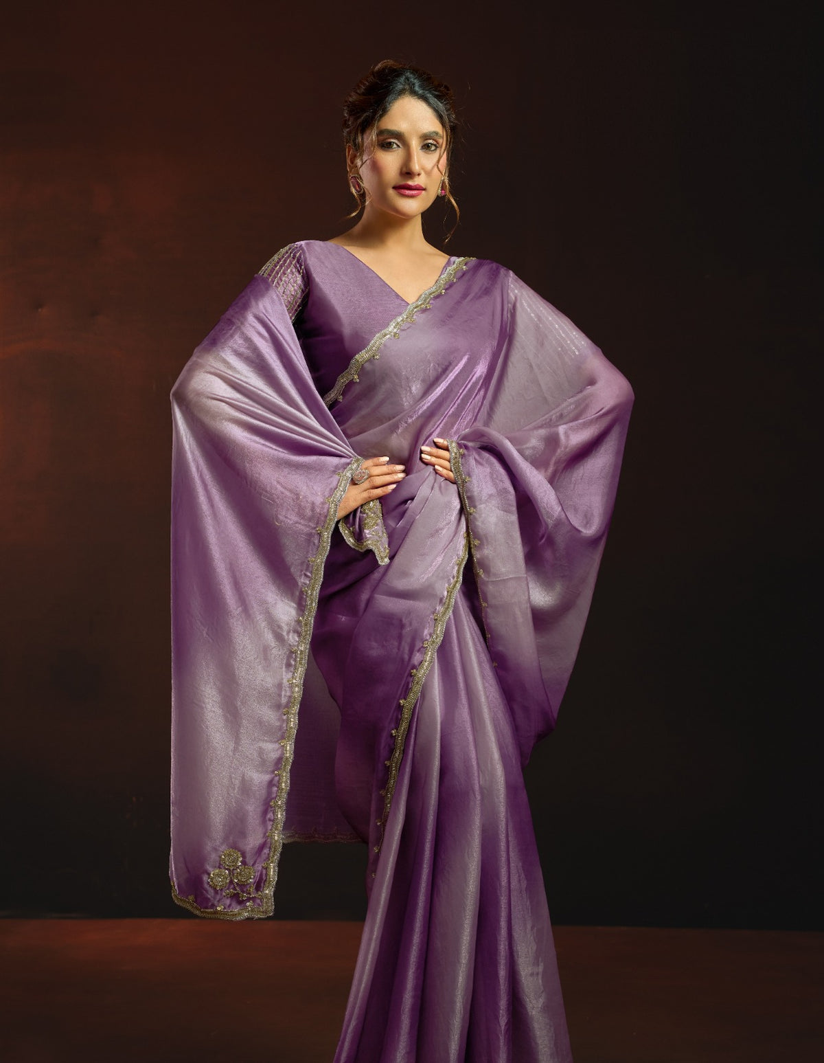 Dual-Tone Digital Shaded Fandy Satin Saree with Intricate Beadwork Border