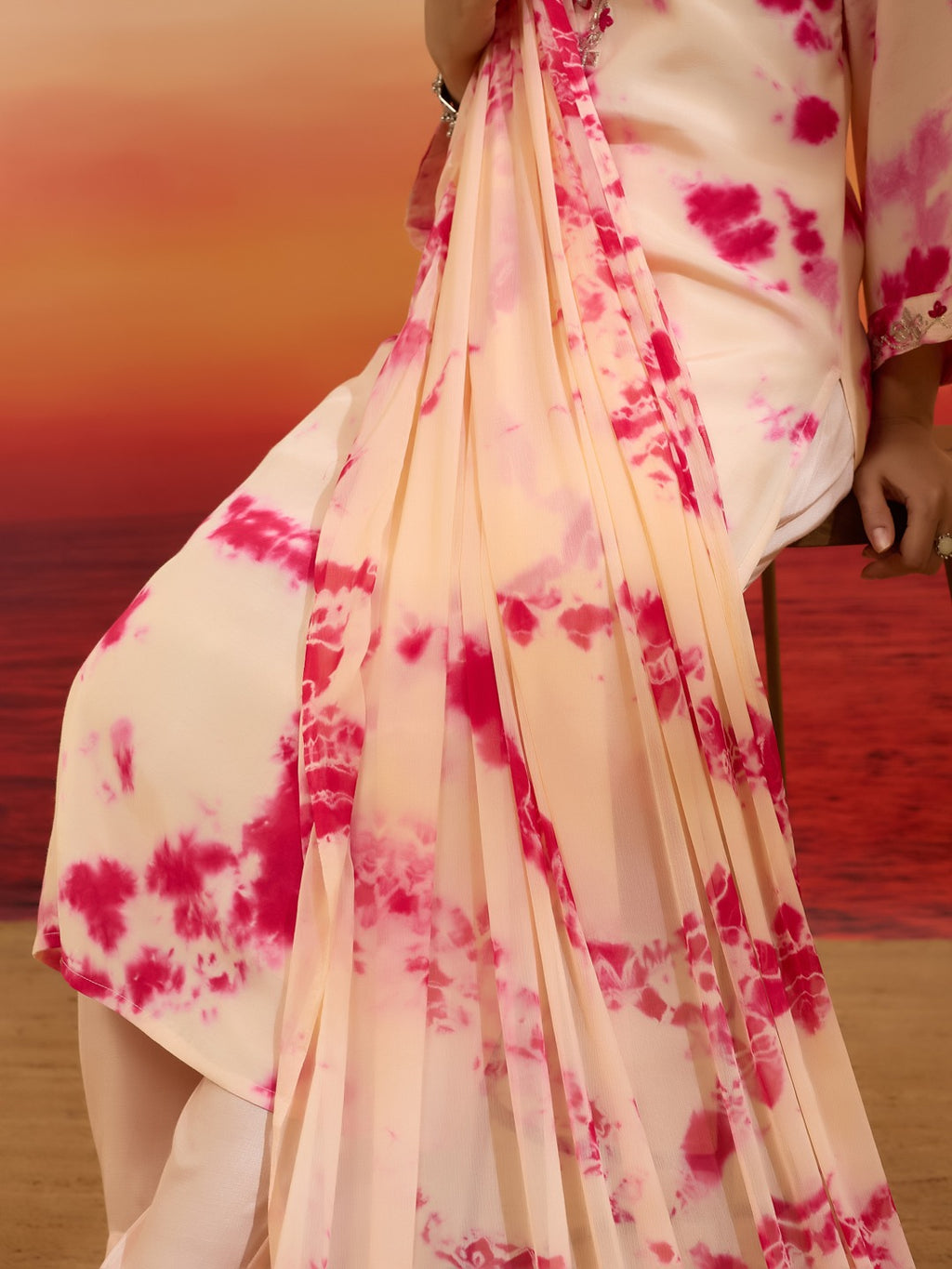 Pink & Peach Muslin Tie-Dye Kurta Set with Hand-Embroidered Mirror Work