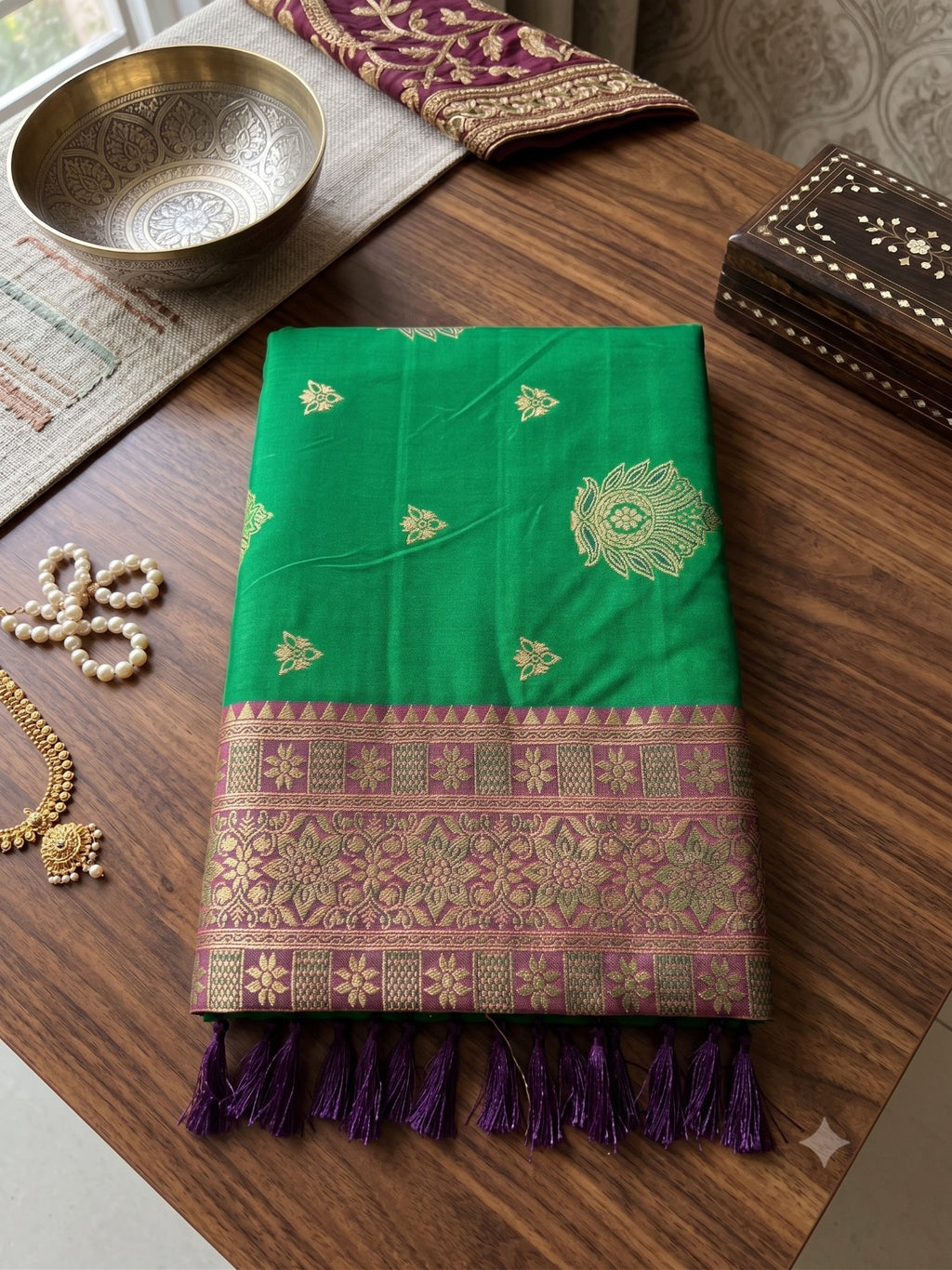 Royal Silk Saree with Traditional Woven Contrast Zari Border & Elegant Pallu