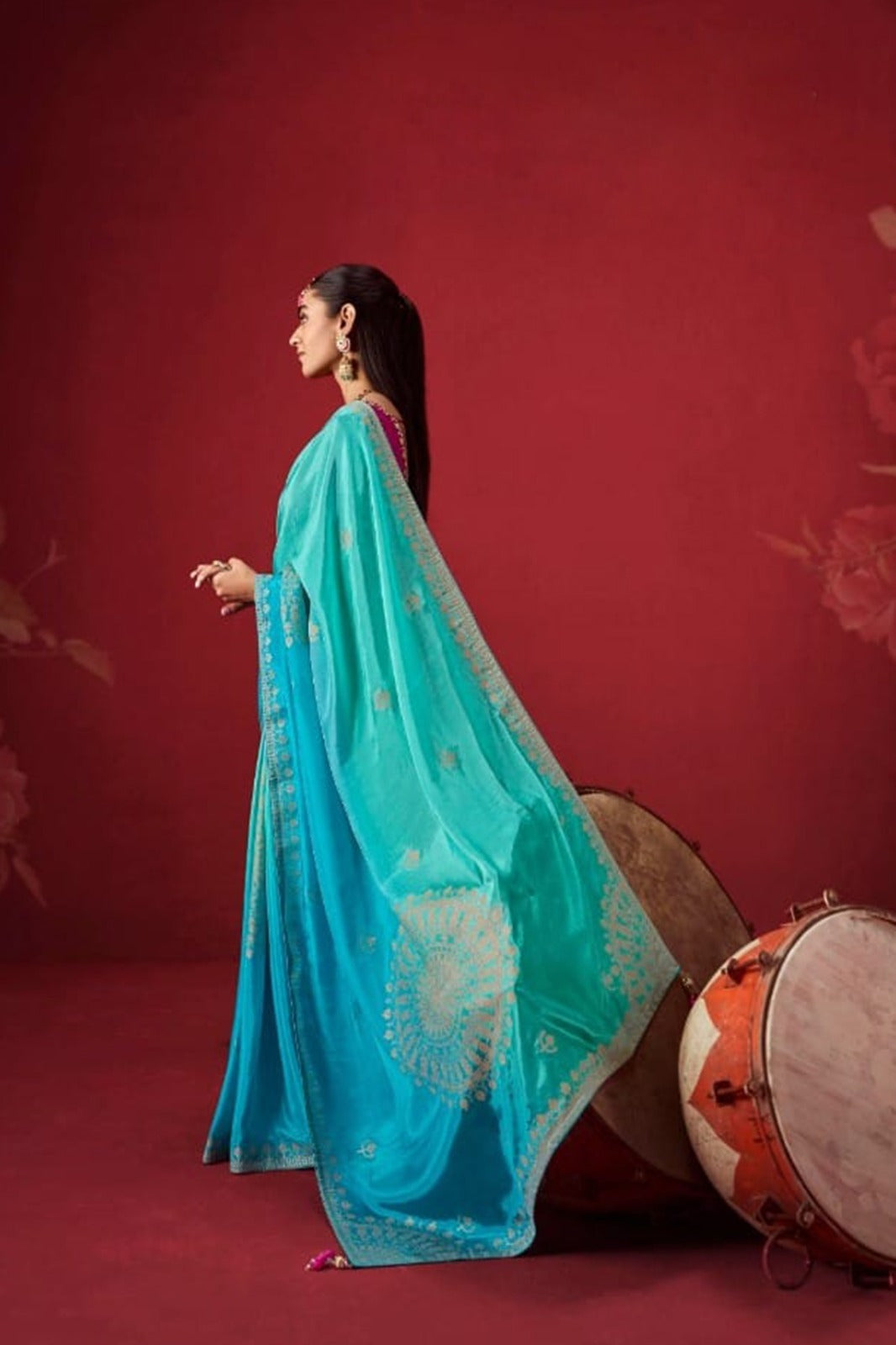 Ombré Dola Crape Silk Saree with Handcrafted Kundan Blouse