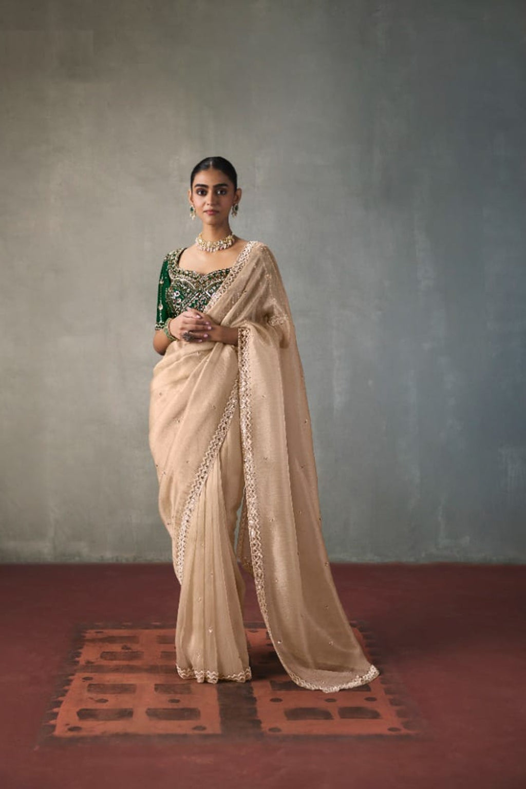 Embellished Sheer Silk Saree with Heavy Contrast Work Blouse