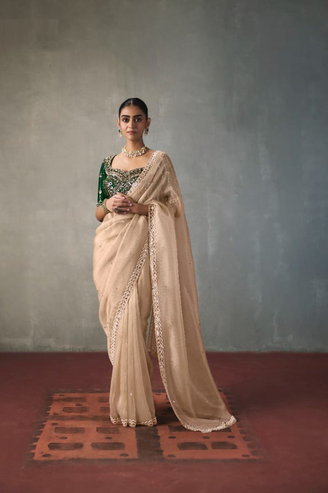 Embellished Sheer Silk Saree with Heavy Contrast Work Blouse