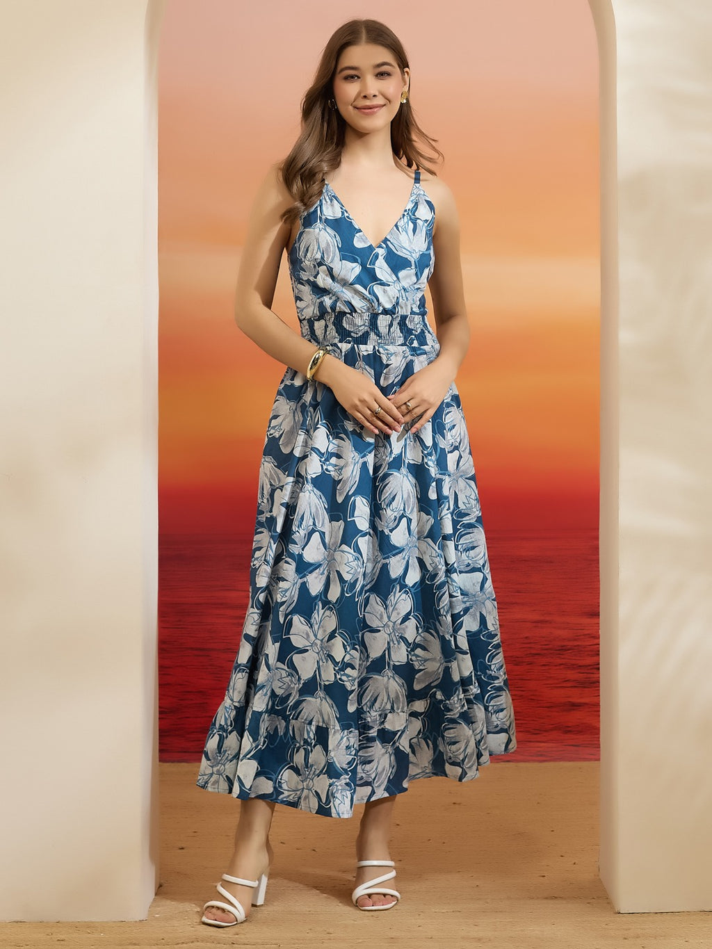 Blue & White Floral Smocked Pure Cotton Tiered Dress