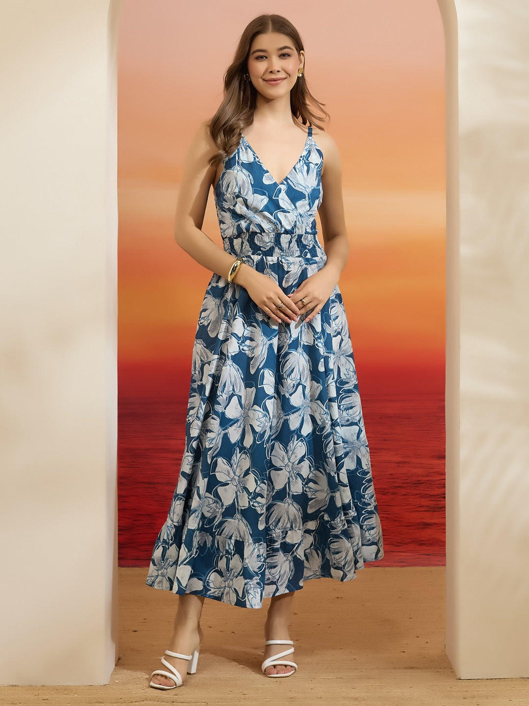 Blue & White Floral Smocked Pure Cotton Tiered Dress