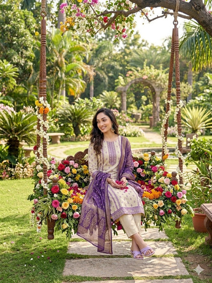 Jacquard Simmar Handwork Kurta with Dyeable Chanderi Pants & Printed Organza Dupatta