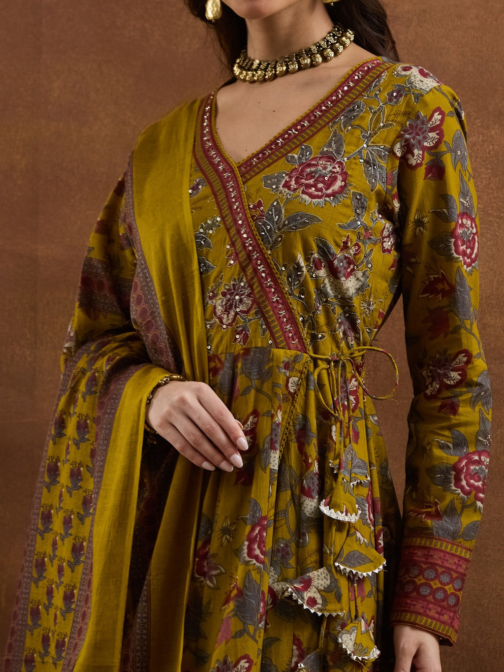 Elegant Mustard Yellow Floral Cotton Anarkali Set with Latkans & Dupatta