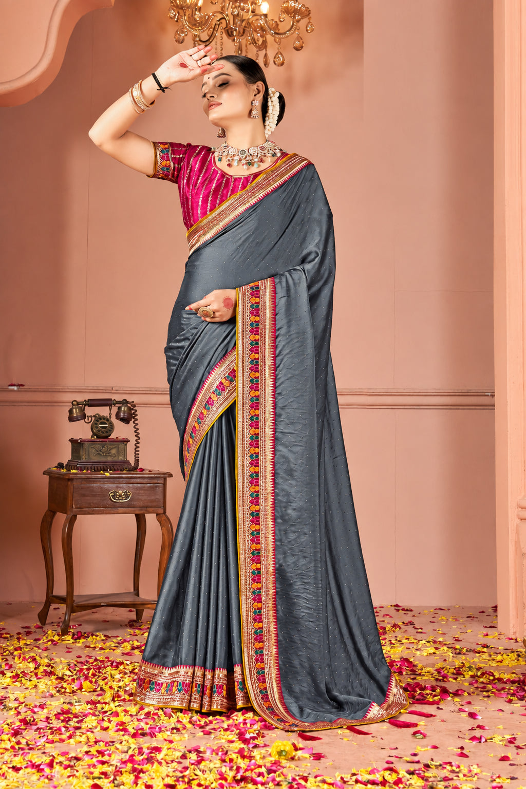 Rangoli Saree with Swarovski Crystal Border & Embroidered Banglory Silk Blouse