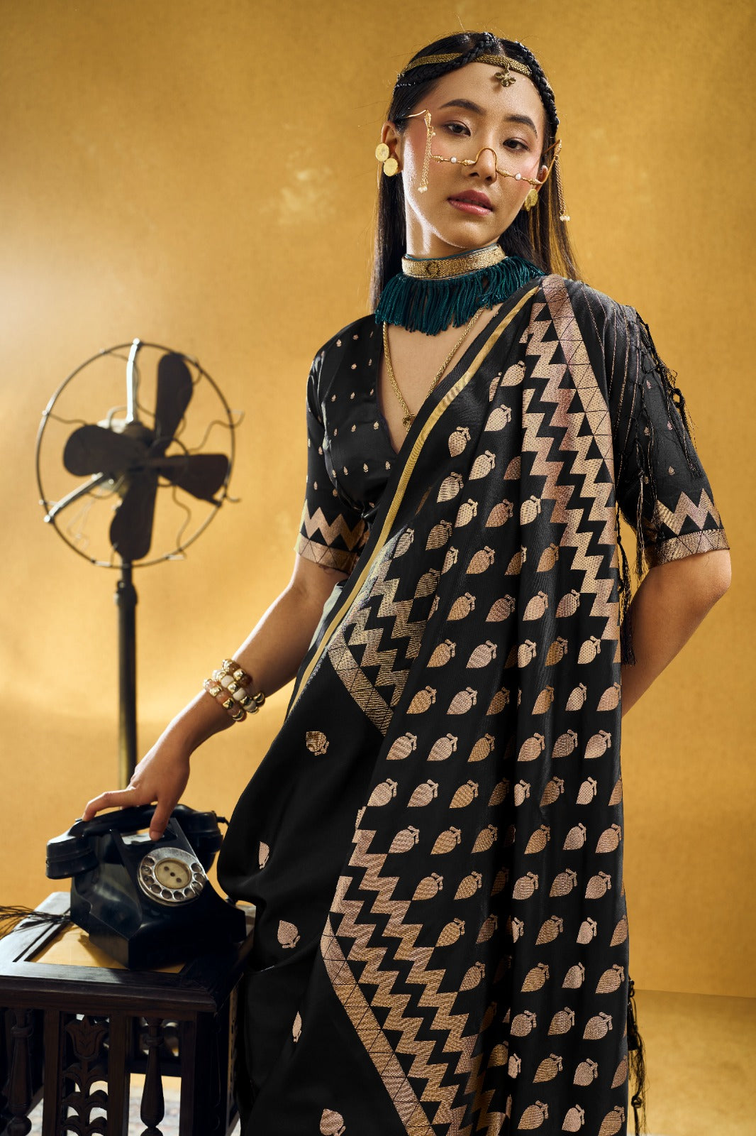 Premium Handloom Satin Silk Saree with Zari Motifs & Chevron Pallu