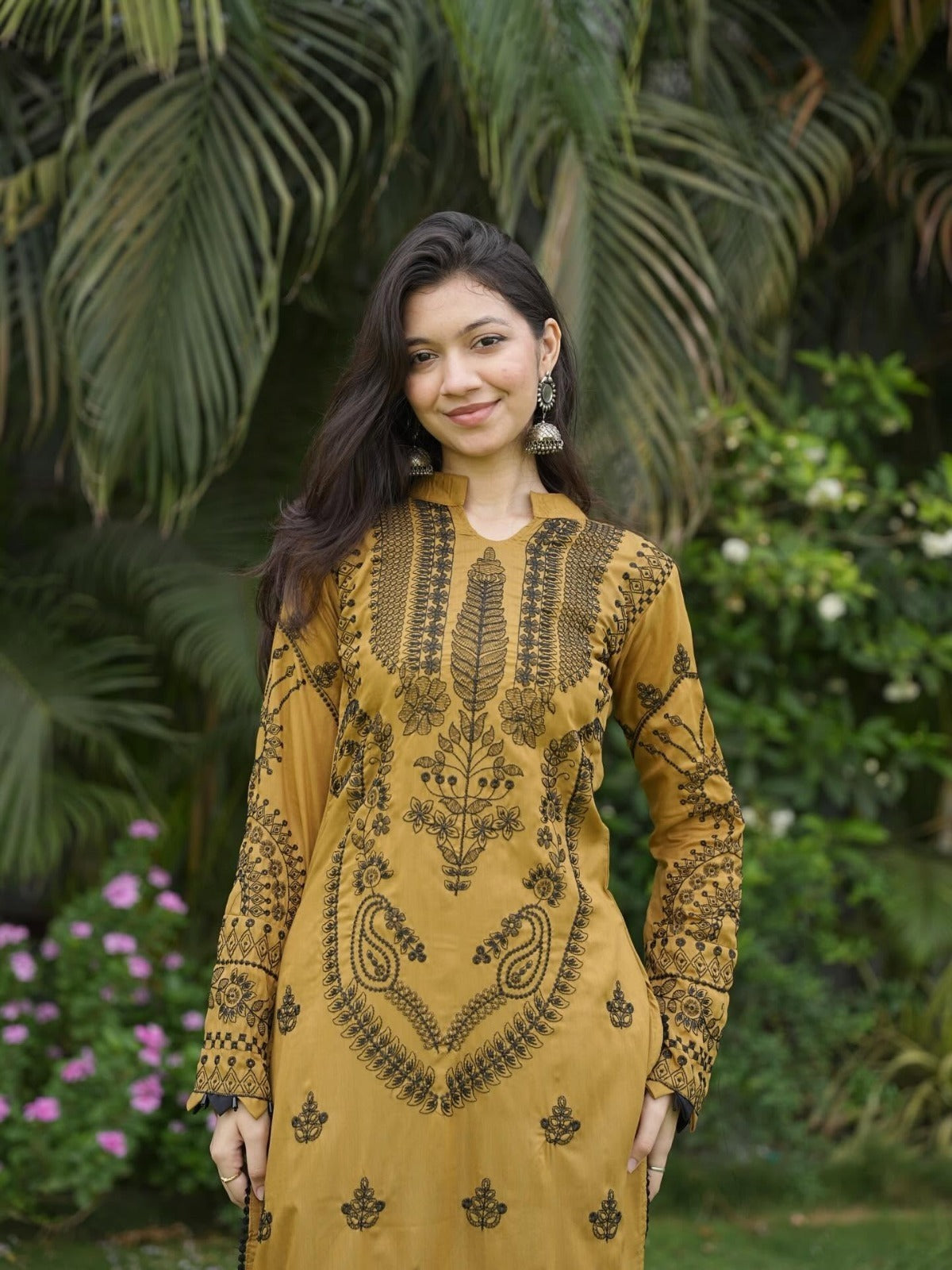 Elegance Redefined: Mustard Ochre Embroidered Muslin 3-Piece Set