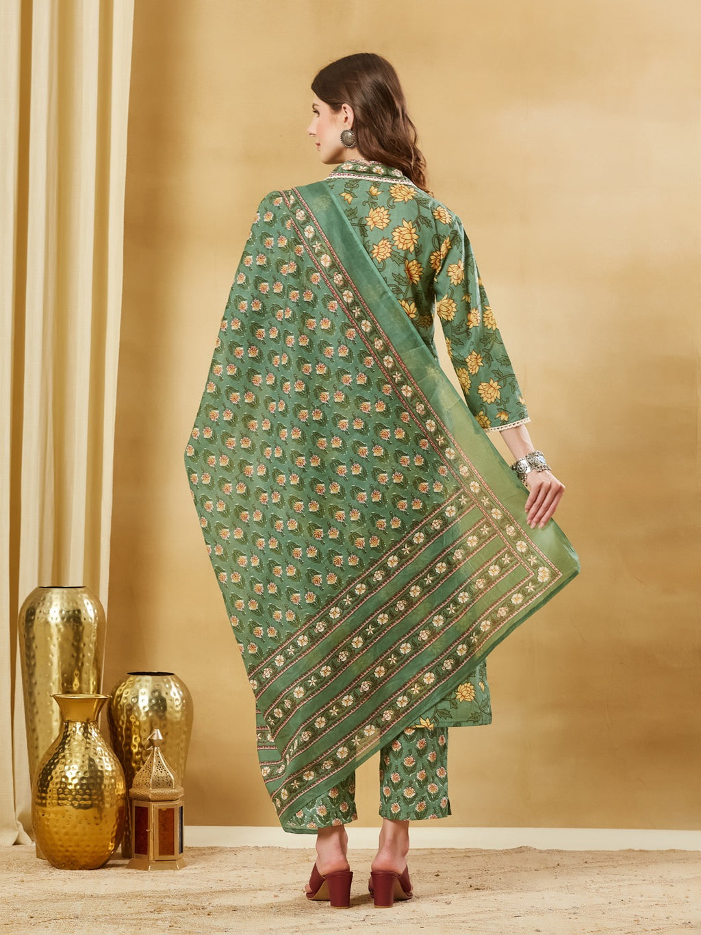Green A-Line Kurta Pant Set With Dupatta
