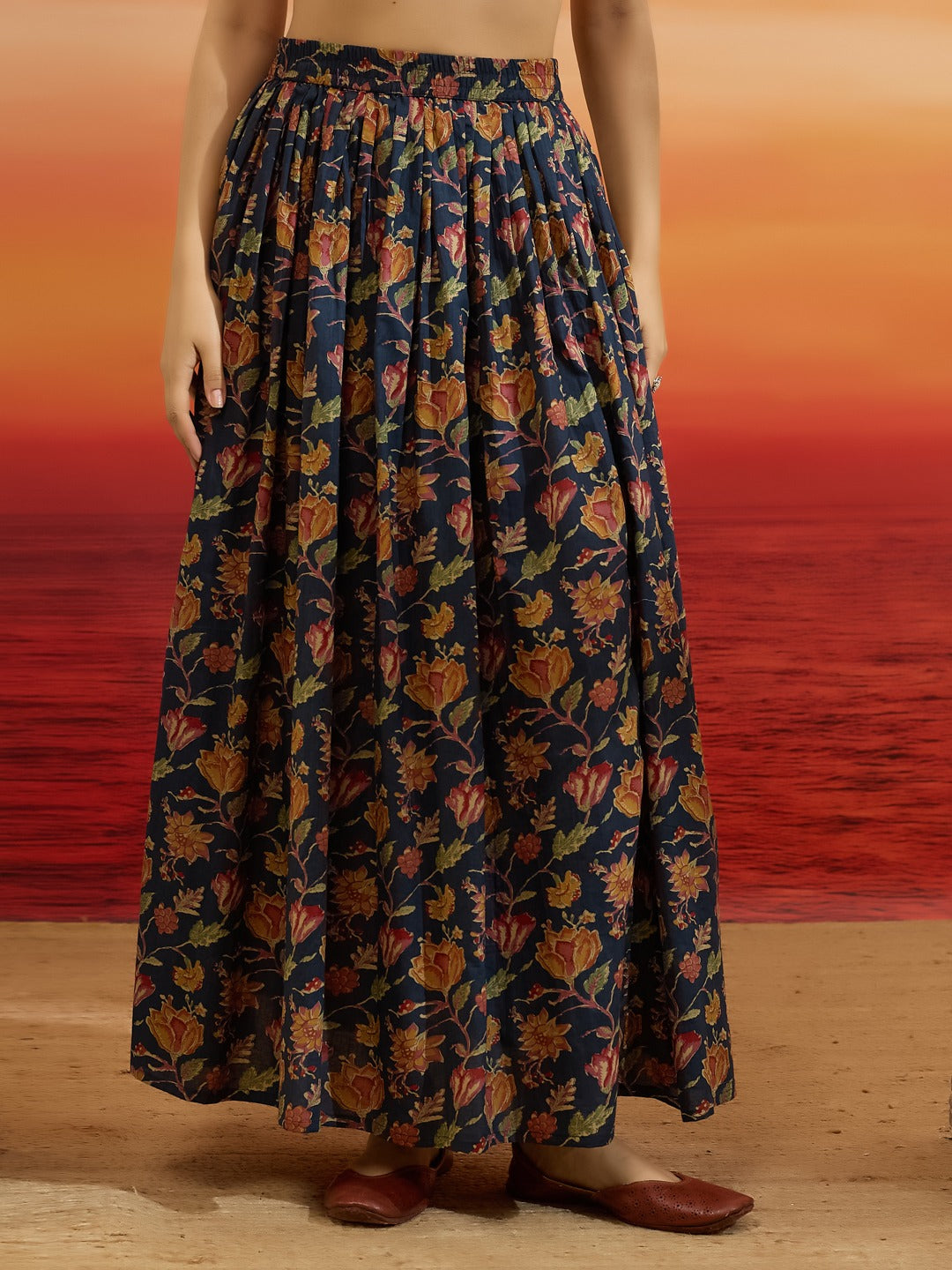 Floral & Botanical Printed Blue Cotton 3-Piece Kurti Skirt Dupatta Set