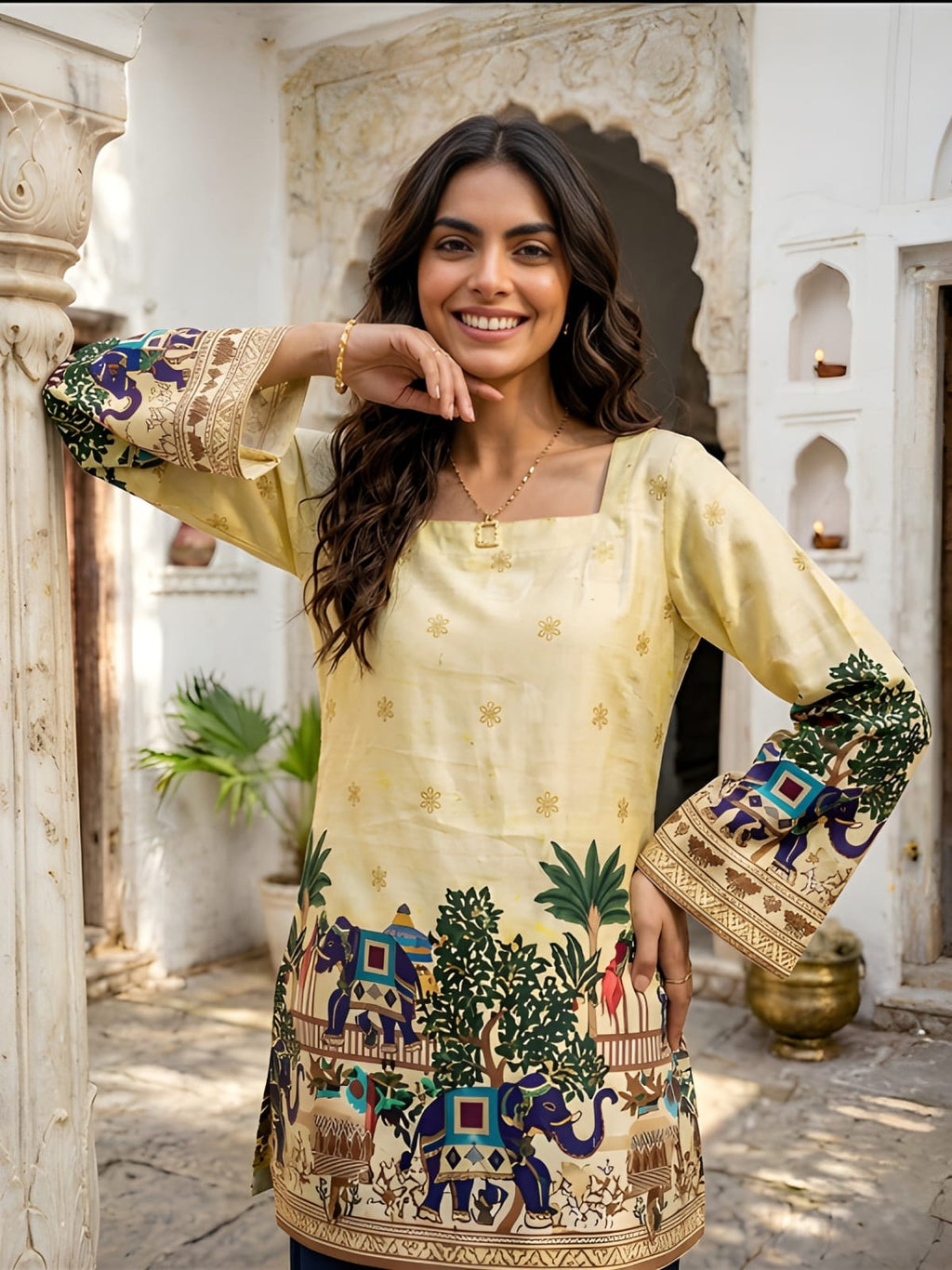Radiant Heritage: Off-White Cotton Kalamkari Tunic with Yellow Glow