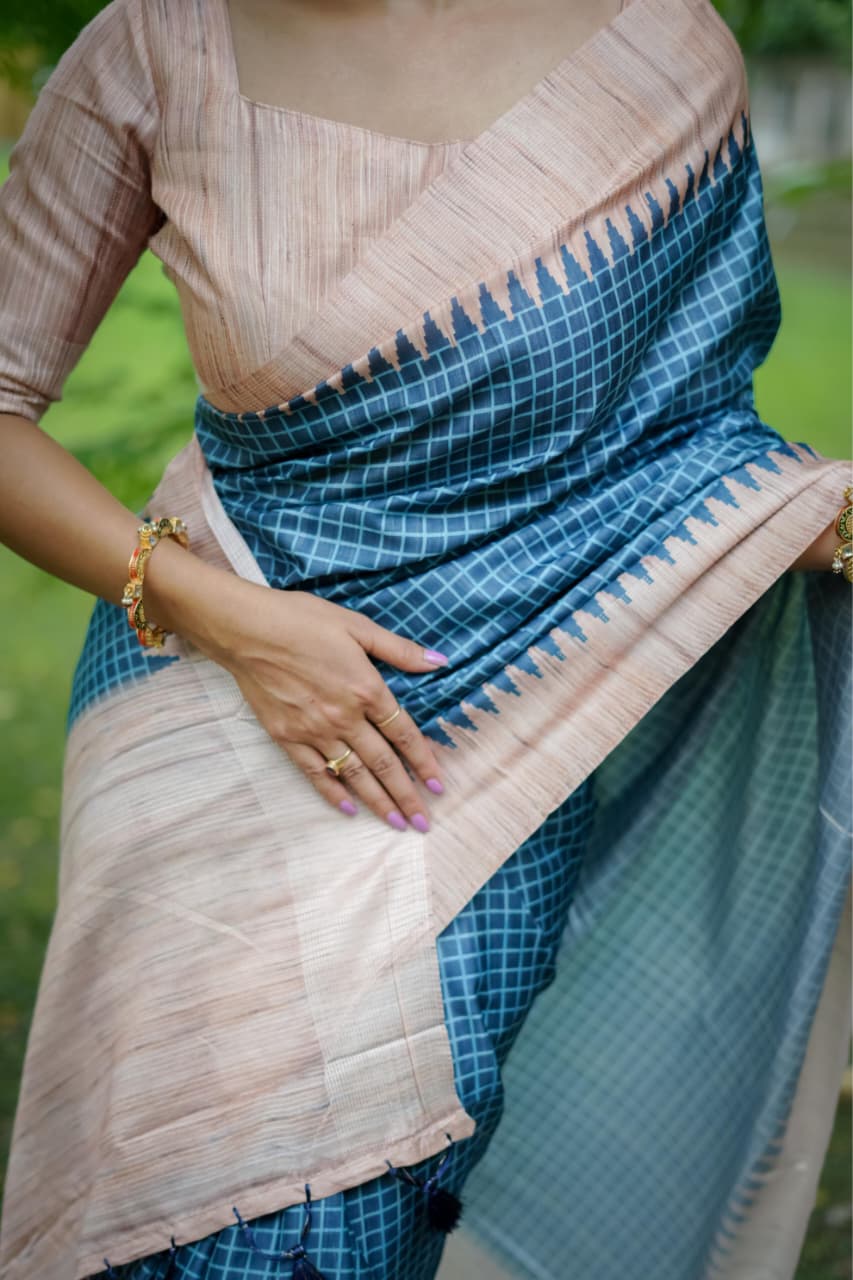 Soft Tussar Silk Saree with Kantha Weave Contrast Border & Check Print
