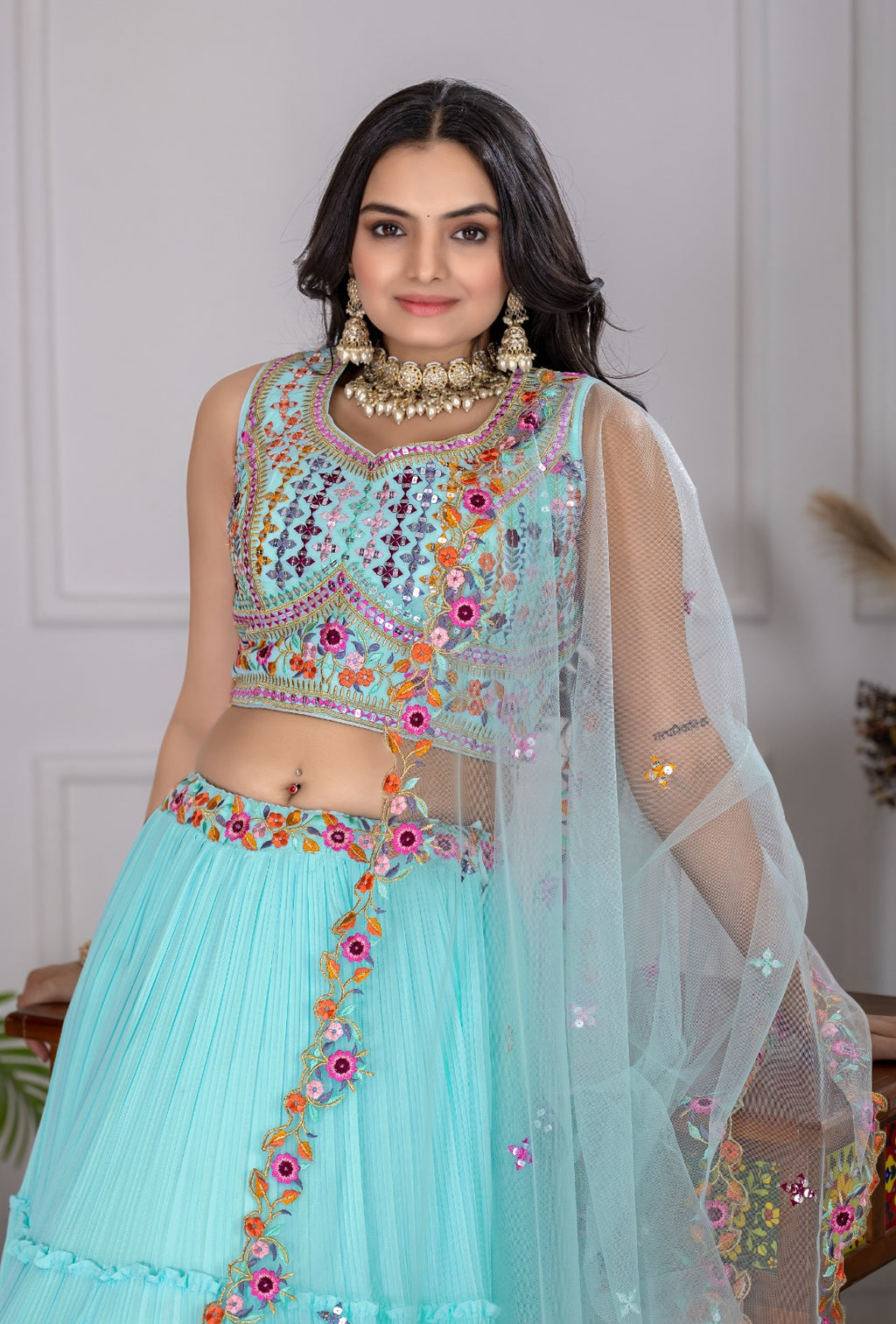 Georgette Pleated Lehenga Set with Embroidered Blouse | Festive Wear