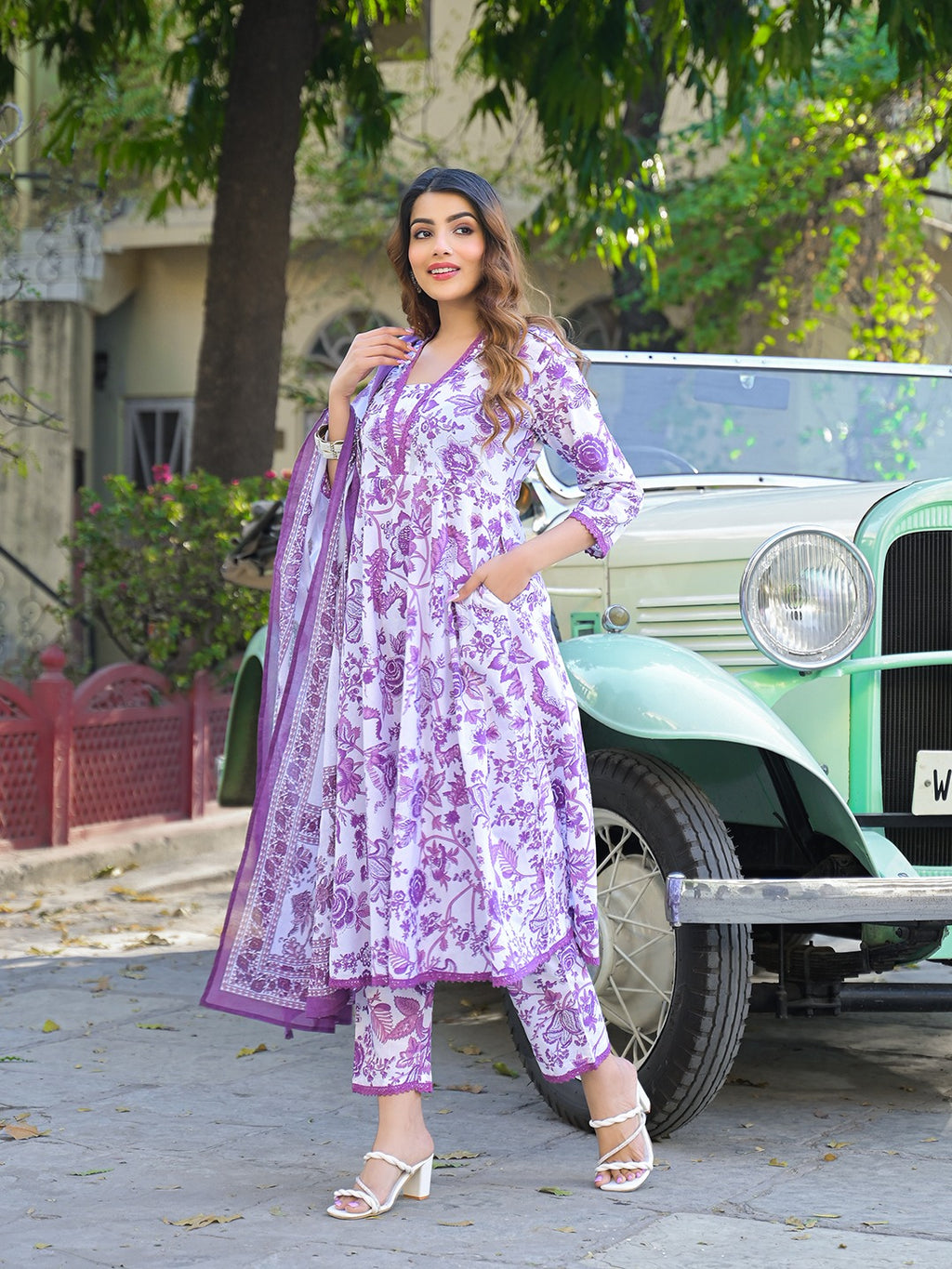 Floral Printed Anarkali Kurta with Trousers & Dupatta