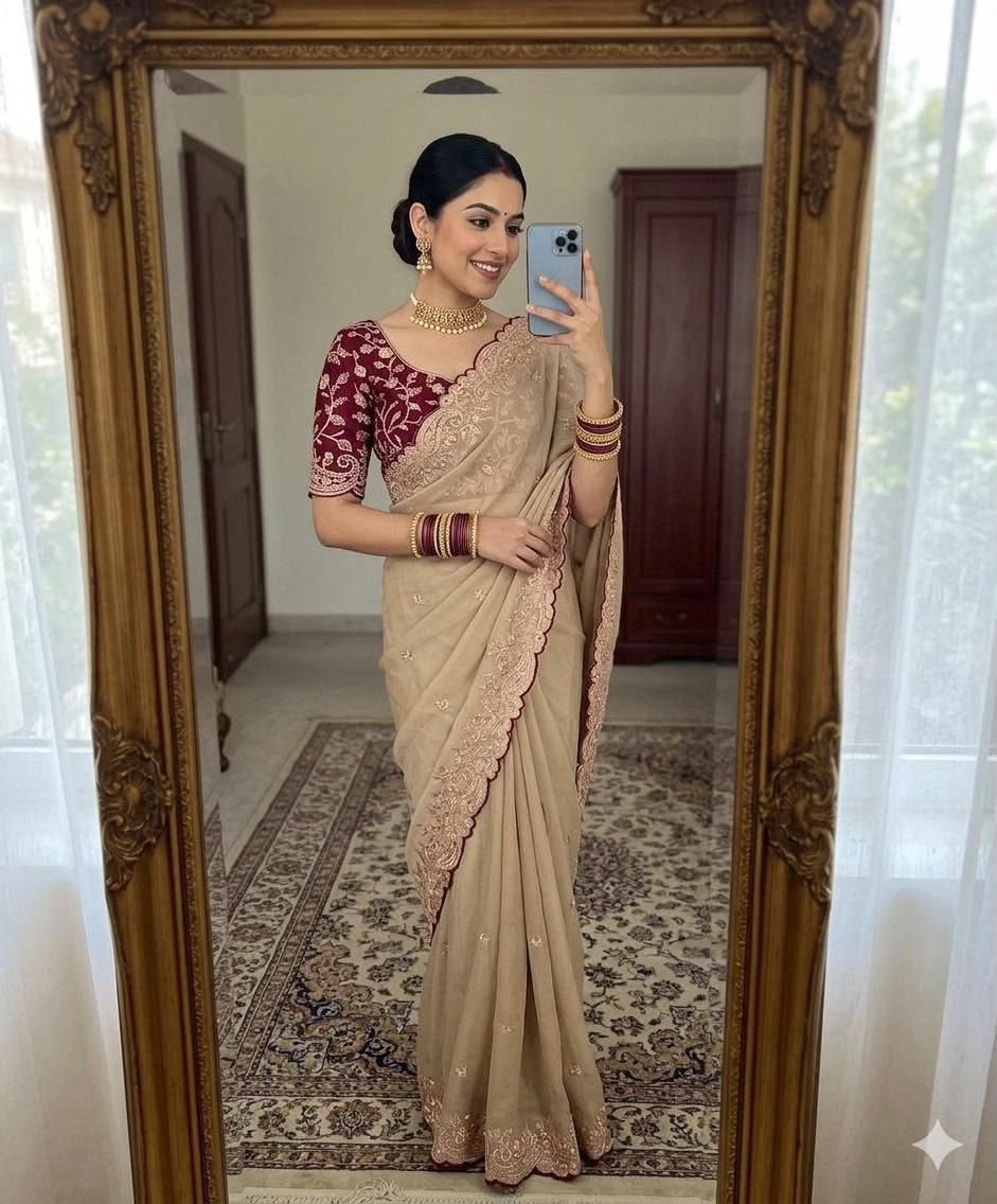 Woman wearing a beige saree with a maroon embroidered blouse and gold jewelry.