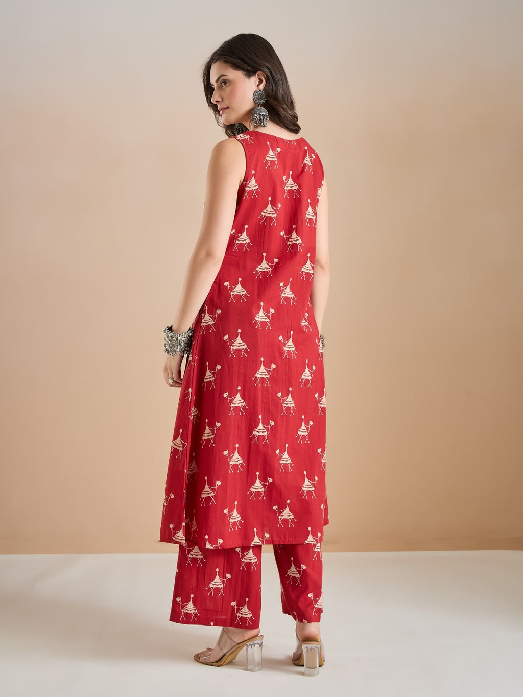Women Animal Print Pure Cotton Red A-Line Kurti with Pants