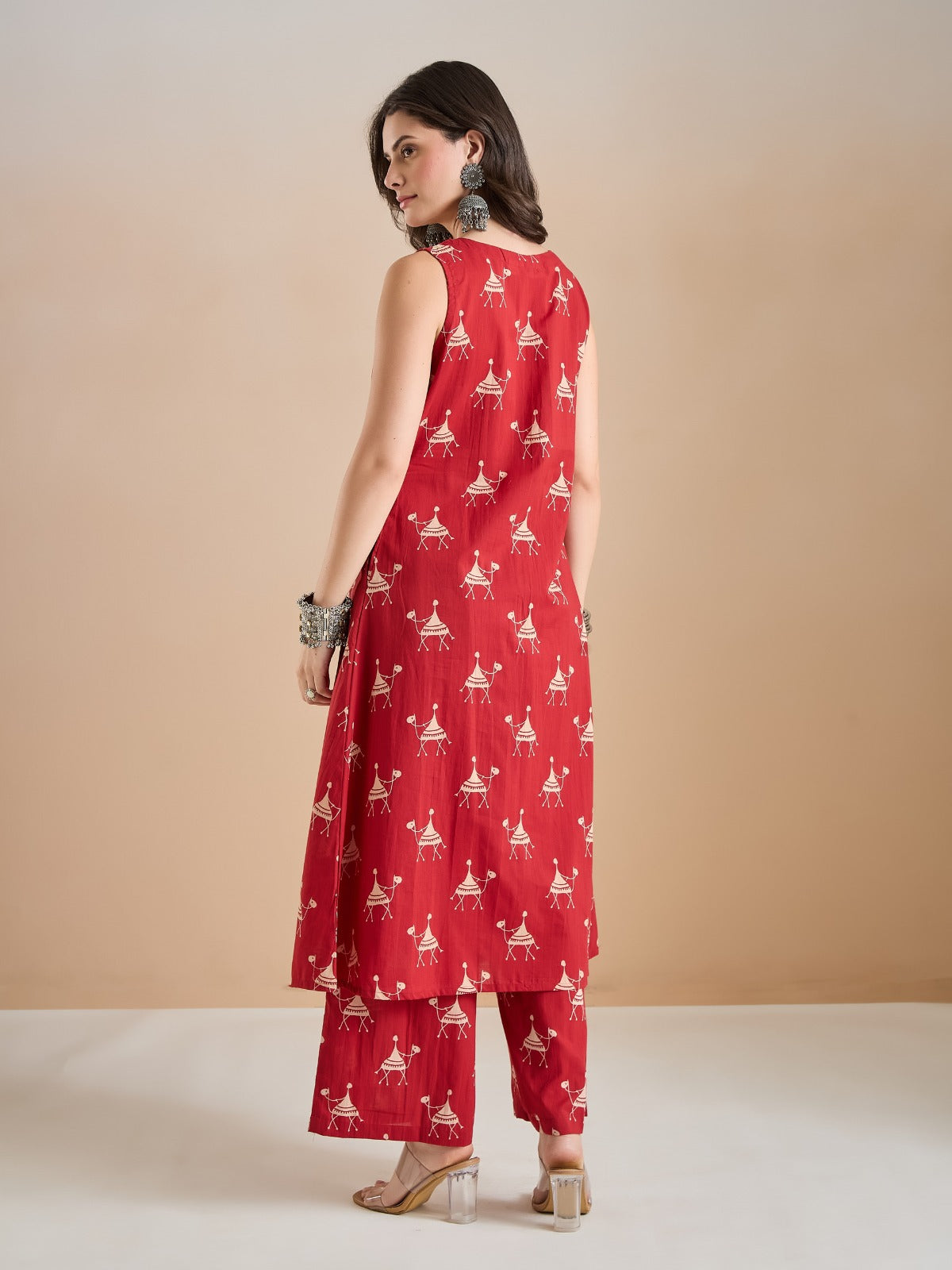 Women Animal Print Pure Cotton Red A-Line Kurti with Pants