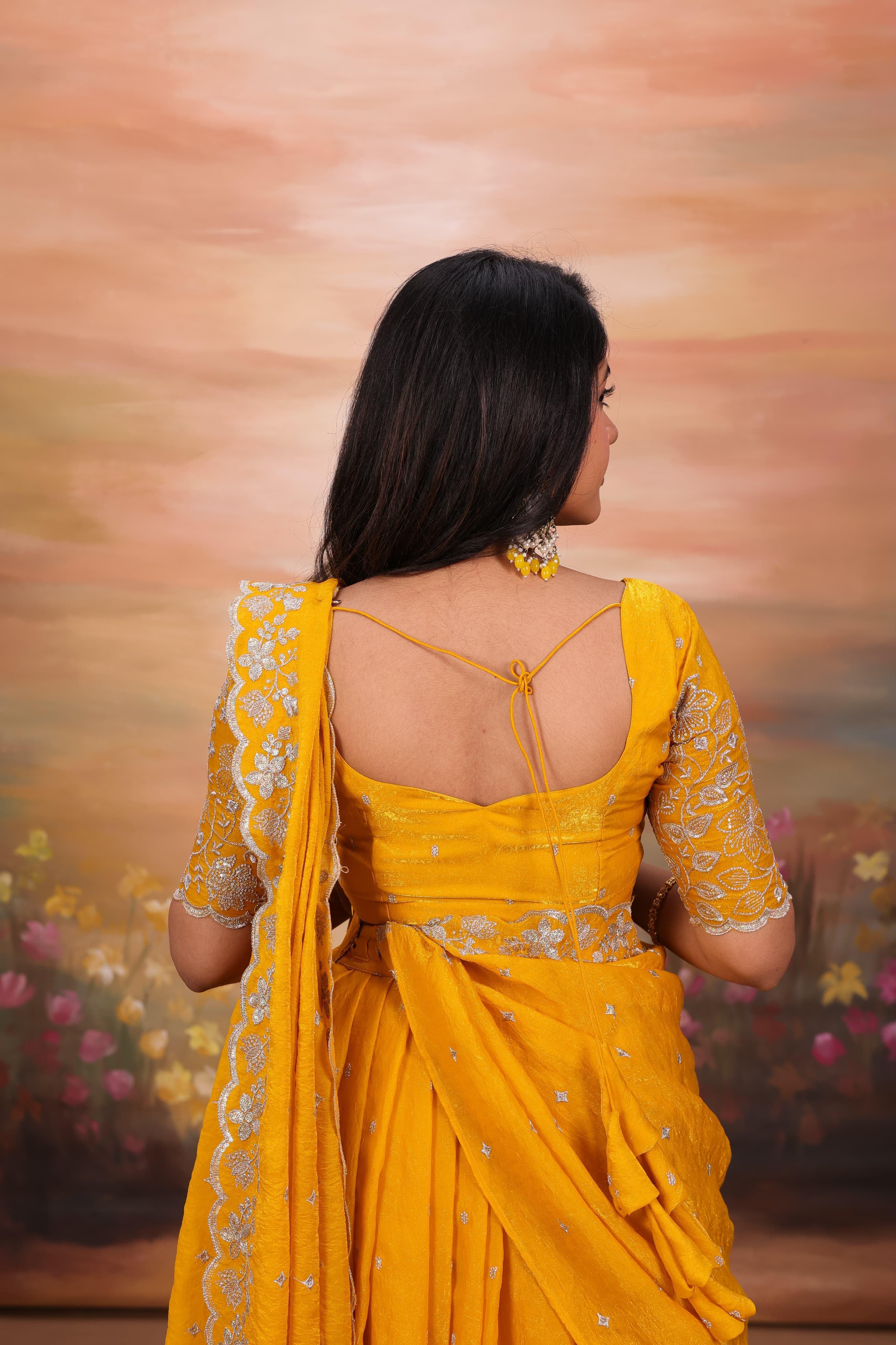 Embroidered Sindoori Silk Lehenga Set | Yellow & Teal Festive Suit